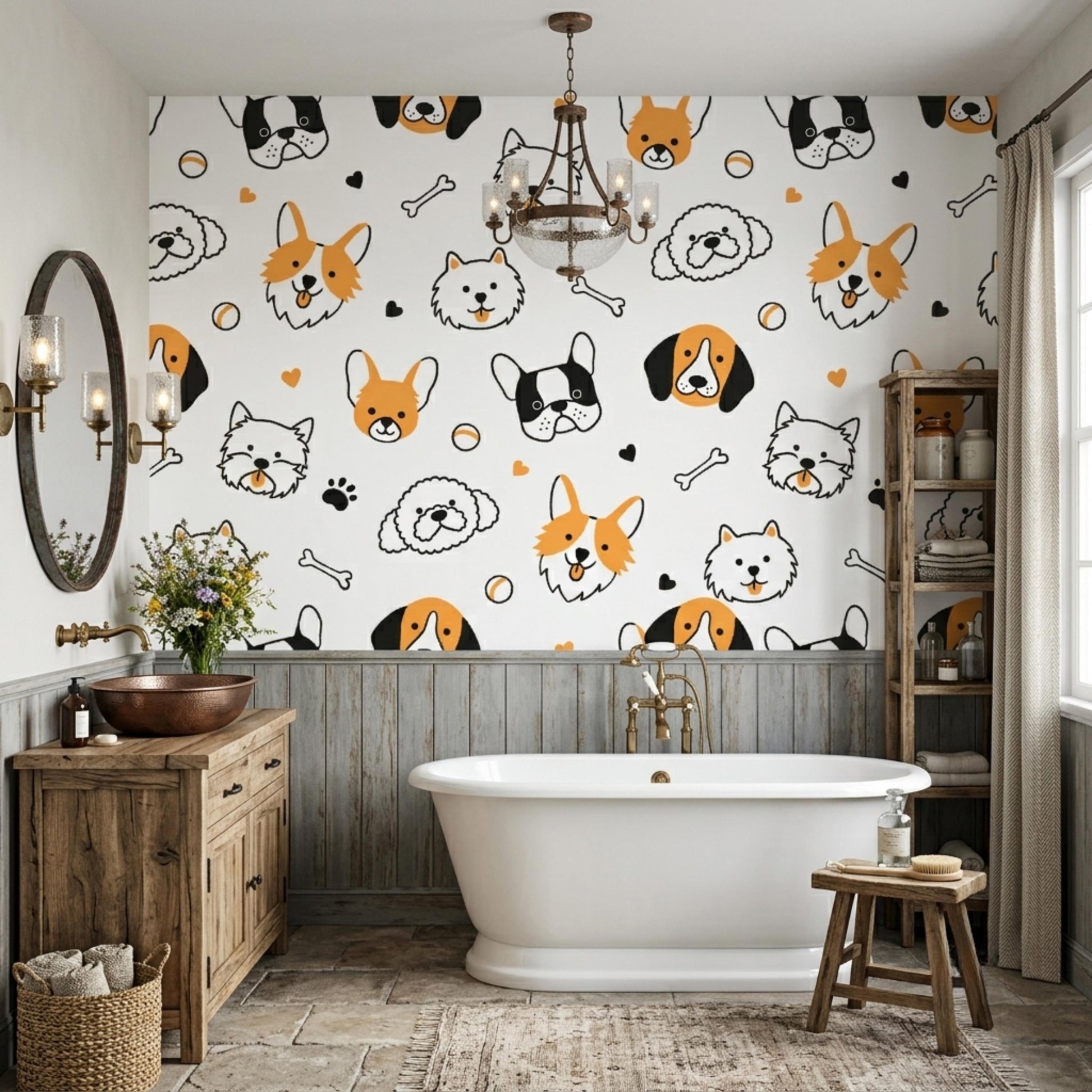 Cute Dog Peel and Stick Wallpaper, Puppy Pattern Nursery Decor, Removable Kids Room Wall Mural-WP0143