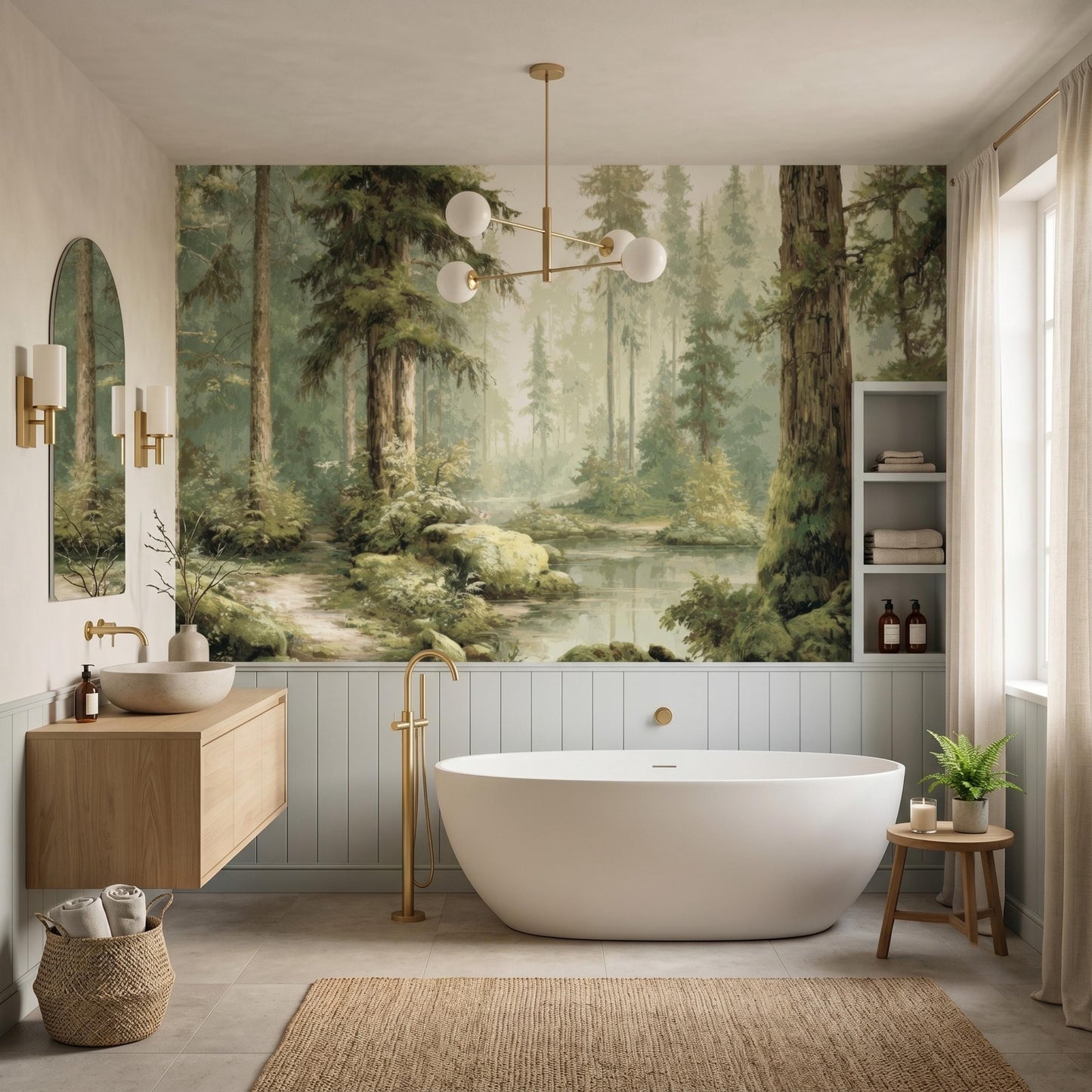 Enchanted Forest Wall Mural, Watercolor Tree Wallpaper, Peel and Stick Vintage Nature Landscape-WP0144