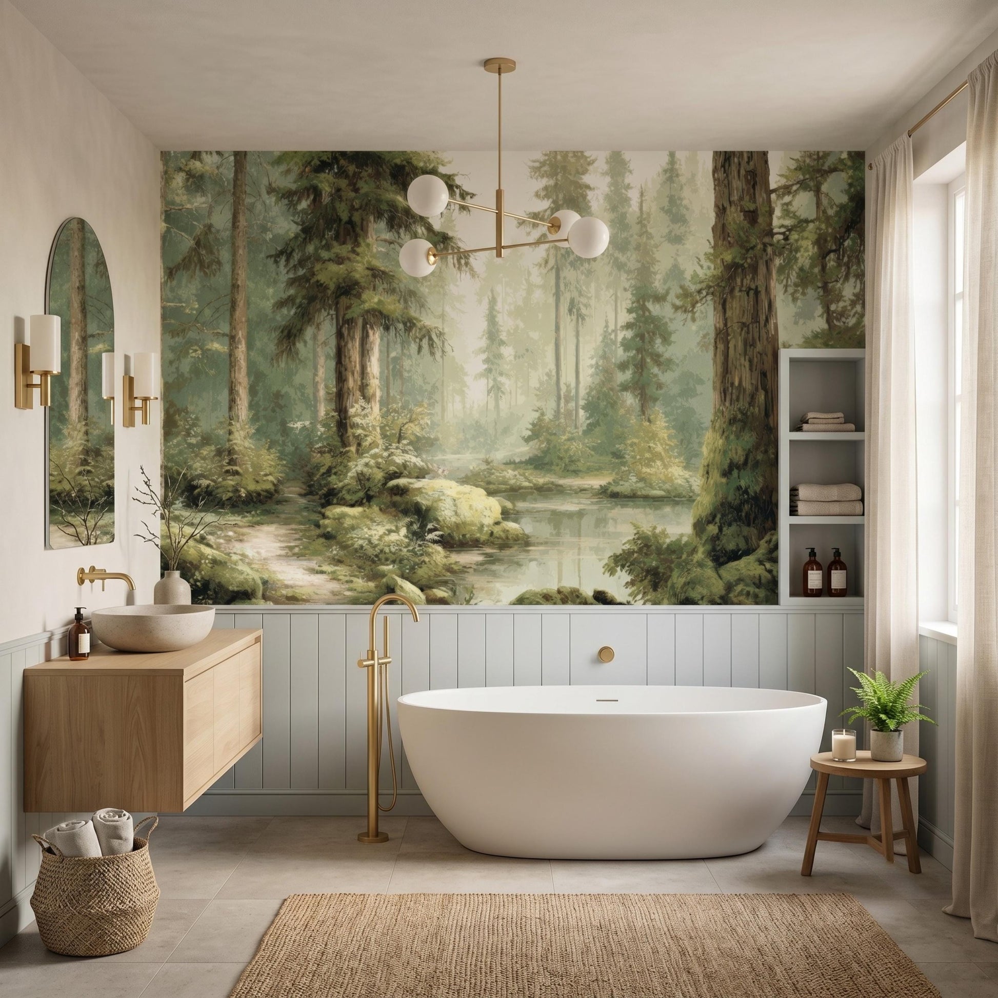 Enchanted Forest Wall Mural, Watercolor Tree Wallpaper, Peel and Stick Vintage Nature Landscape-WP0144