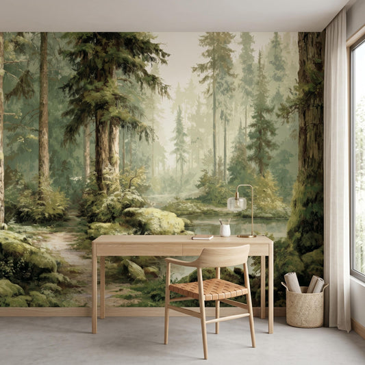 Enchanted Forest Wall Mural, Watercolor Tree Wallpaper, Peel and Stick Vintage Nature Landscape-WP0144
