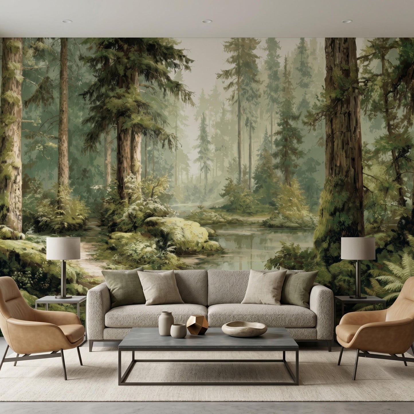 Enchanted Forest Wall Mural, Watercolor Tree Wallpaper, Peel and Stick Vintage Nature Landscape-WP0144