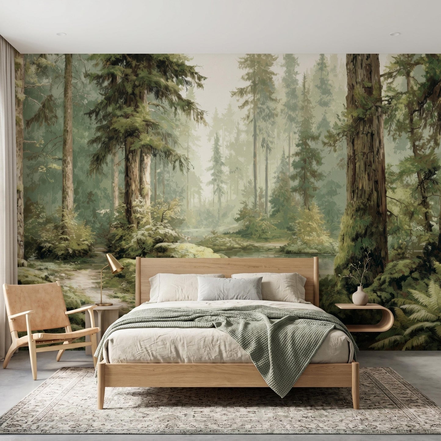 Enchanted Forest Wall Mural, Watercolor Tree Wallpaper, Peel and Stick Vintage Nature Landscape-WP0144