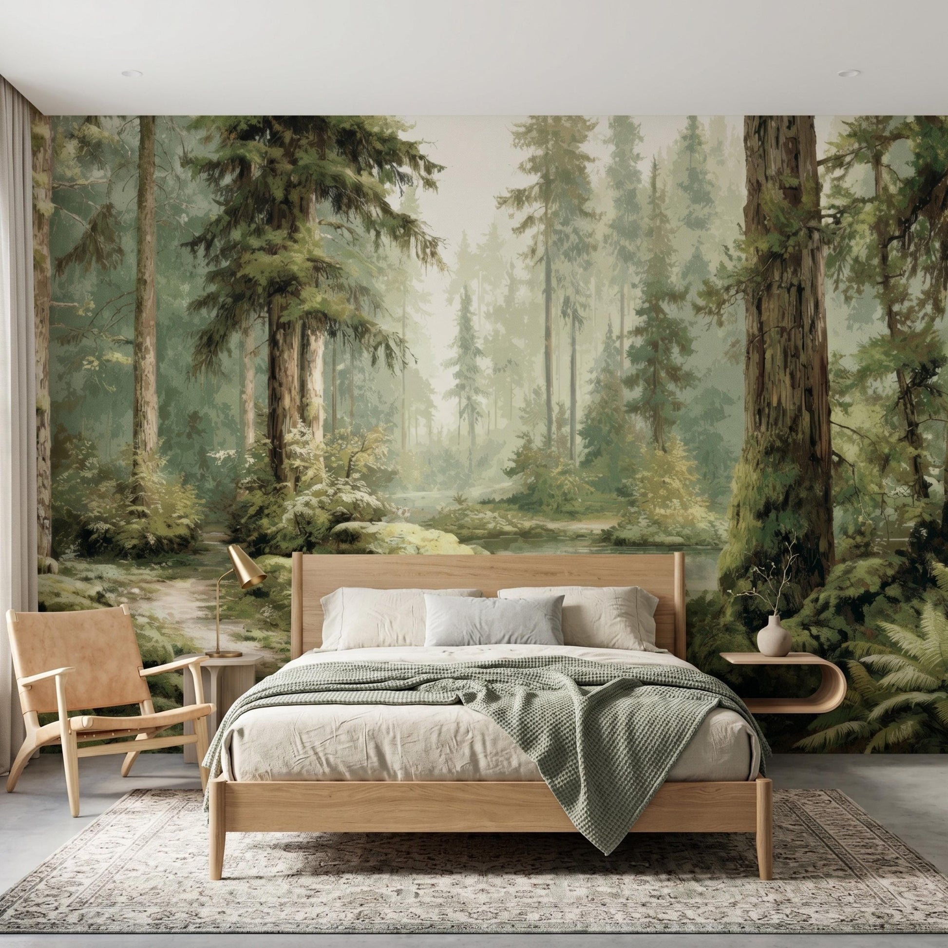 Enchanted Forest Wall Mural, Watercolor Tree Wallpaper, Peel and Stick Vintage Nature Landscape-WP0144