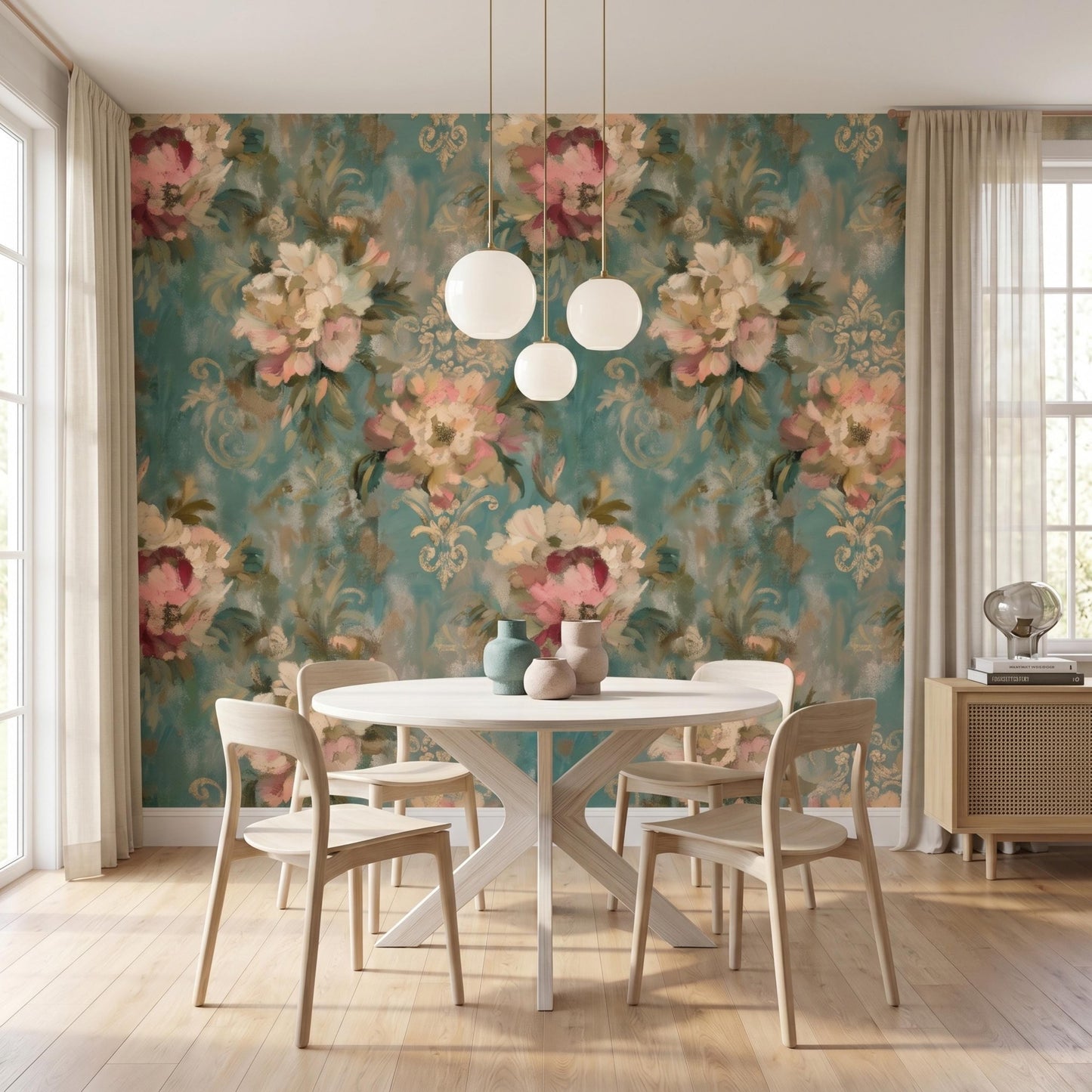 Vintage Oil Painting Floral Wallpaper, Teal Damask Peel and Stick Mural, Elegant Bedroom Decor-WP0145