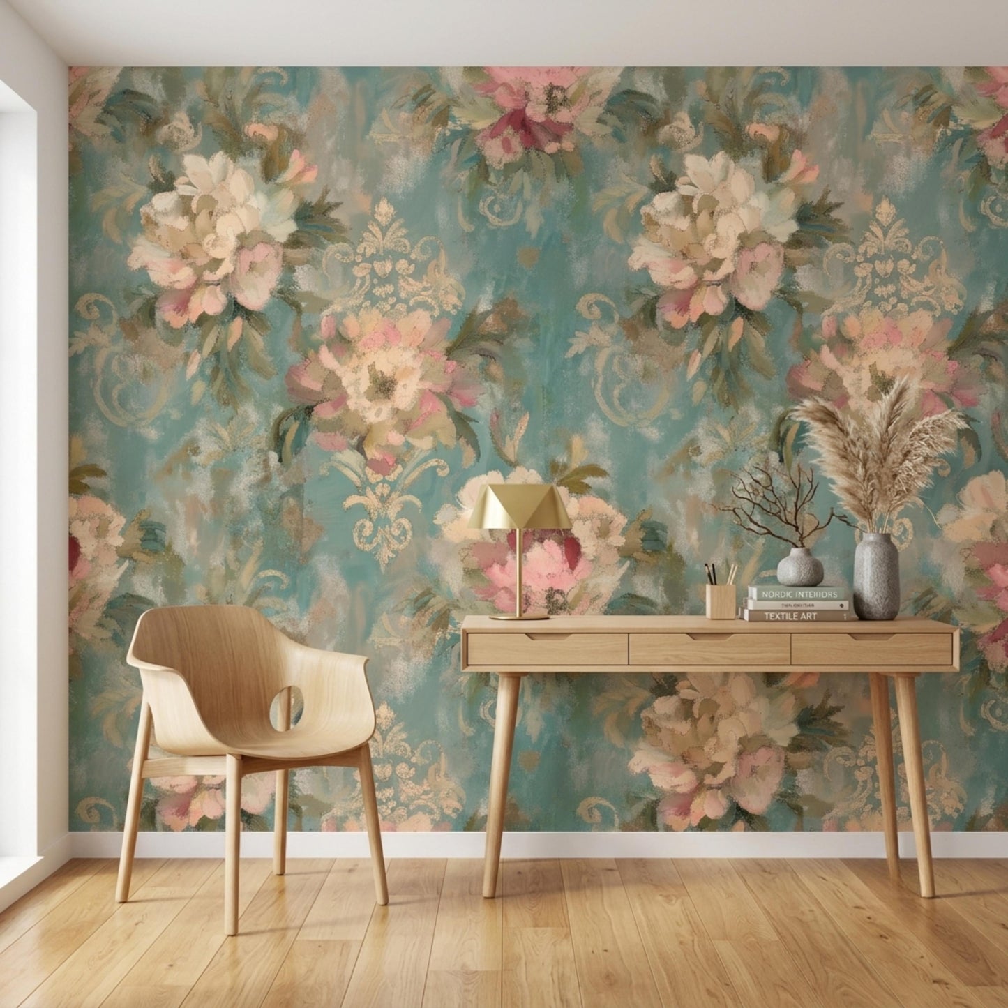 Vintage Oil Painting Floral Wallpaper, Teal Damask Peel and Stick Mural, Elegant Bedroom Decor-WP0145