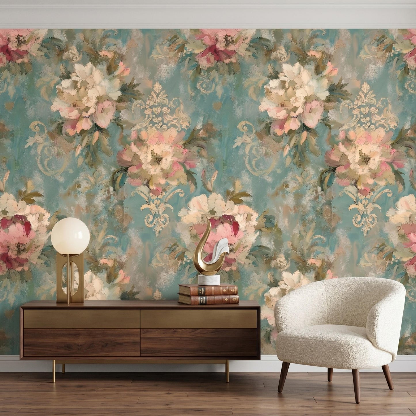 Vintage Oil Painting Floral Wallpaper, Teal Damask Peel and Stick Mural, Elegant Bedroom Decor-WP0145