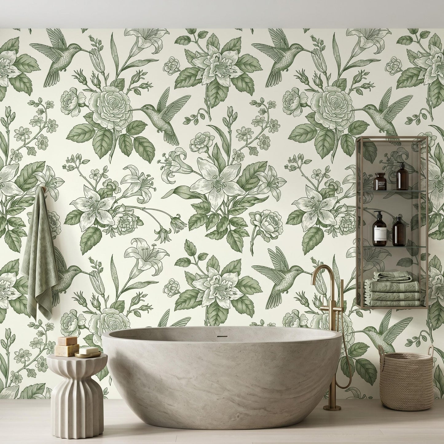 Sage Green Floral Hummingbird Botanical Wallpaper, Vintage Nature Wall Decor, Cottagecore Aesthetic Home Accents-WP0147