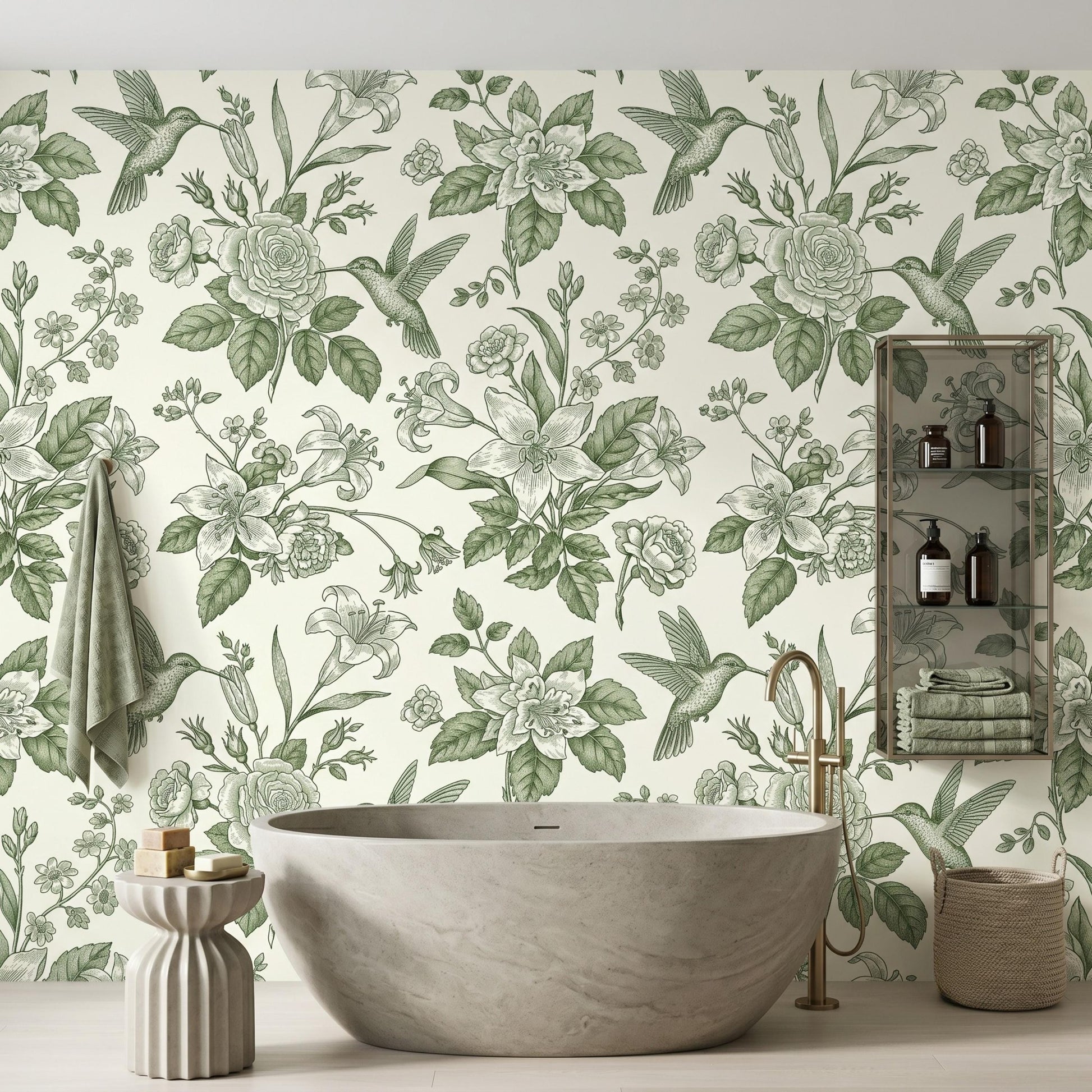 Sage Green Floral Hummingbird Botanical Wallpaper, Vintage Nature Wall Decor, Cottagecore Aesthetic Home Accents-WP0147