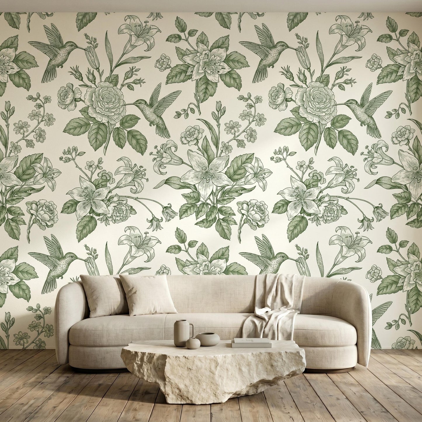 Sage Green Floral Hummingbird Botanical Wallpaper, Vintage Nature Wall Decor, Cottagecore Aesthetic Home Accents-WP0147