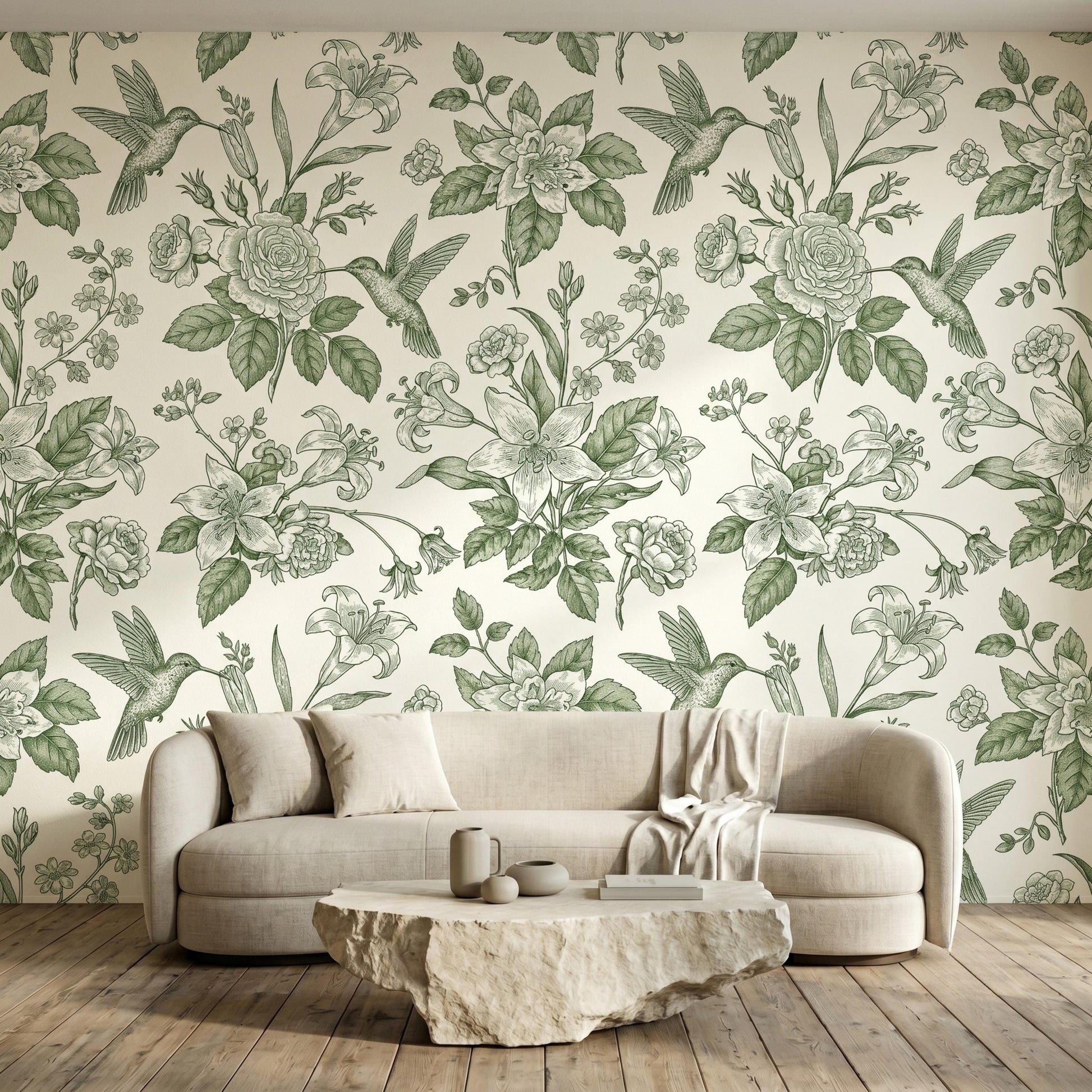 Sage Green Floral Hummingbird Botanical Wallpaper, Vintage Nature Wall Decor, Cottagecore Aesthetic Home Accents-WP0147