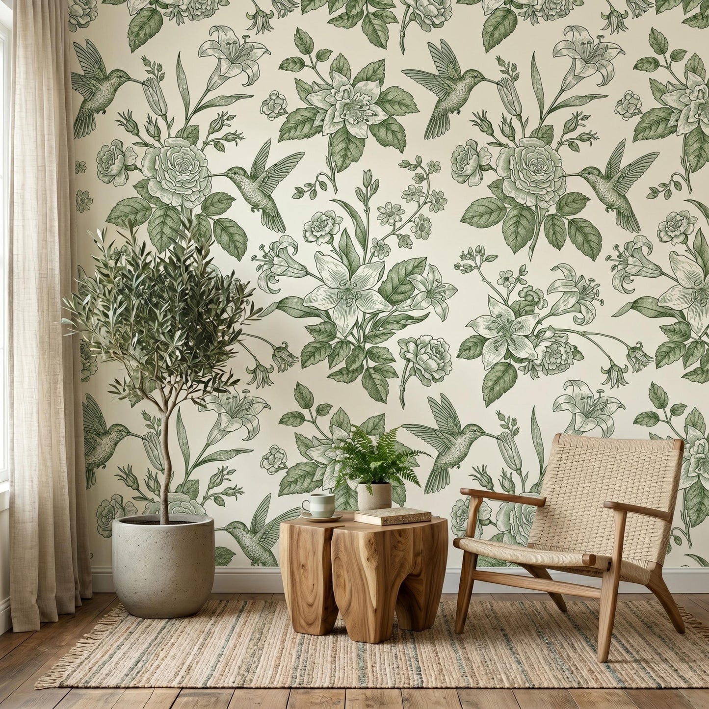 Sage Green Floral Hummingbird Botanical Wallpaper, Vintage Nature Wall Decor, Cottagecore Aesthetic Home Accents-WP0147