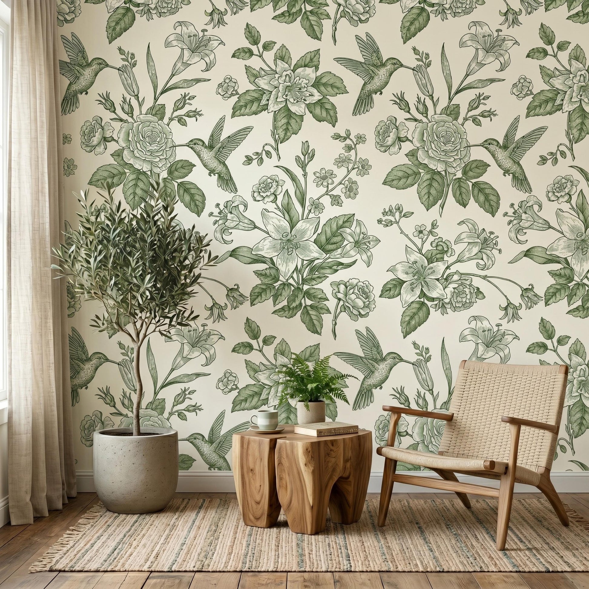 Sage Green Floral Hummingbird Botanical Wallpaper, Vintage Nature Wall Decor, Cottagecore Aesthetic Home Accents-WP0147