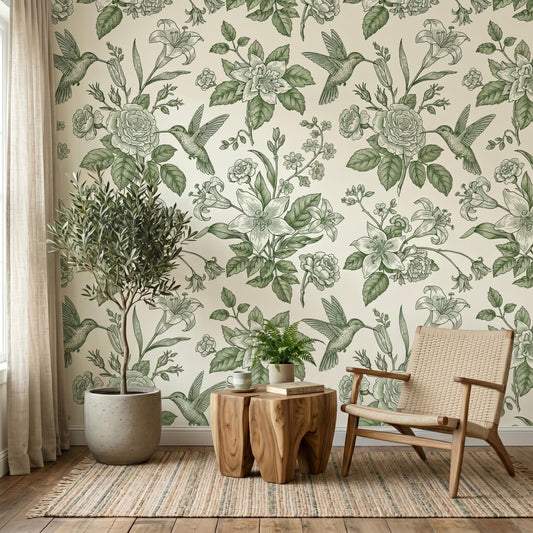 Sage Green Floral Hummingbird Botanical Wallpaper, Vintage Nature Wall Decor, Cottagecore Aesthetic Home Accents-WP0147