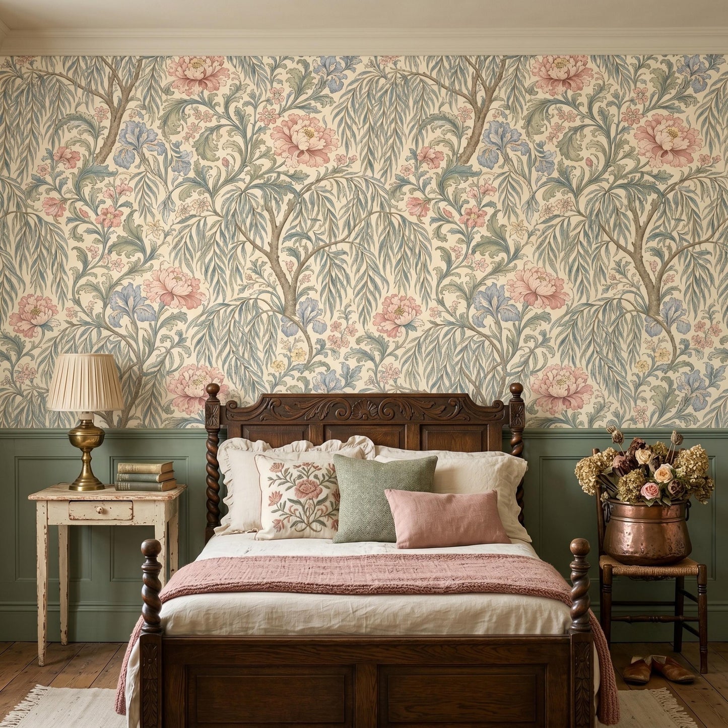 Vintage Floral Peel and Stick Wallpaper, Botanical William Morris Style Removable Wall Mural-WP0148