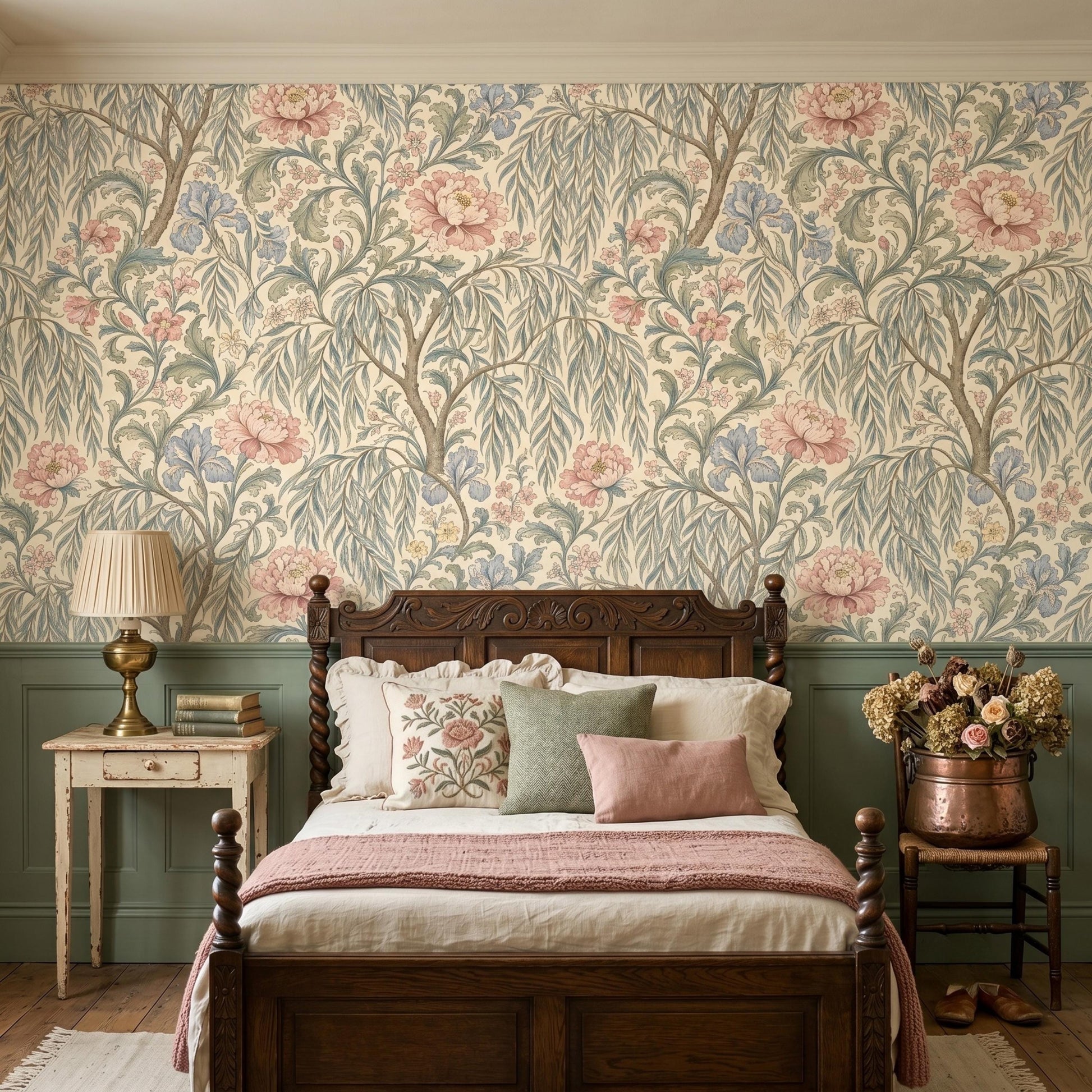 Vintage Floral Peel and Stick Wallpaper, Botanical William Morris Style Removable Wall Mural-WP0148