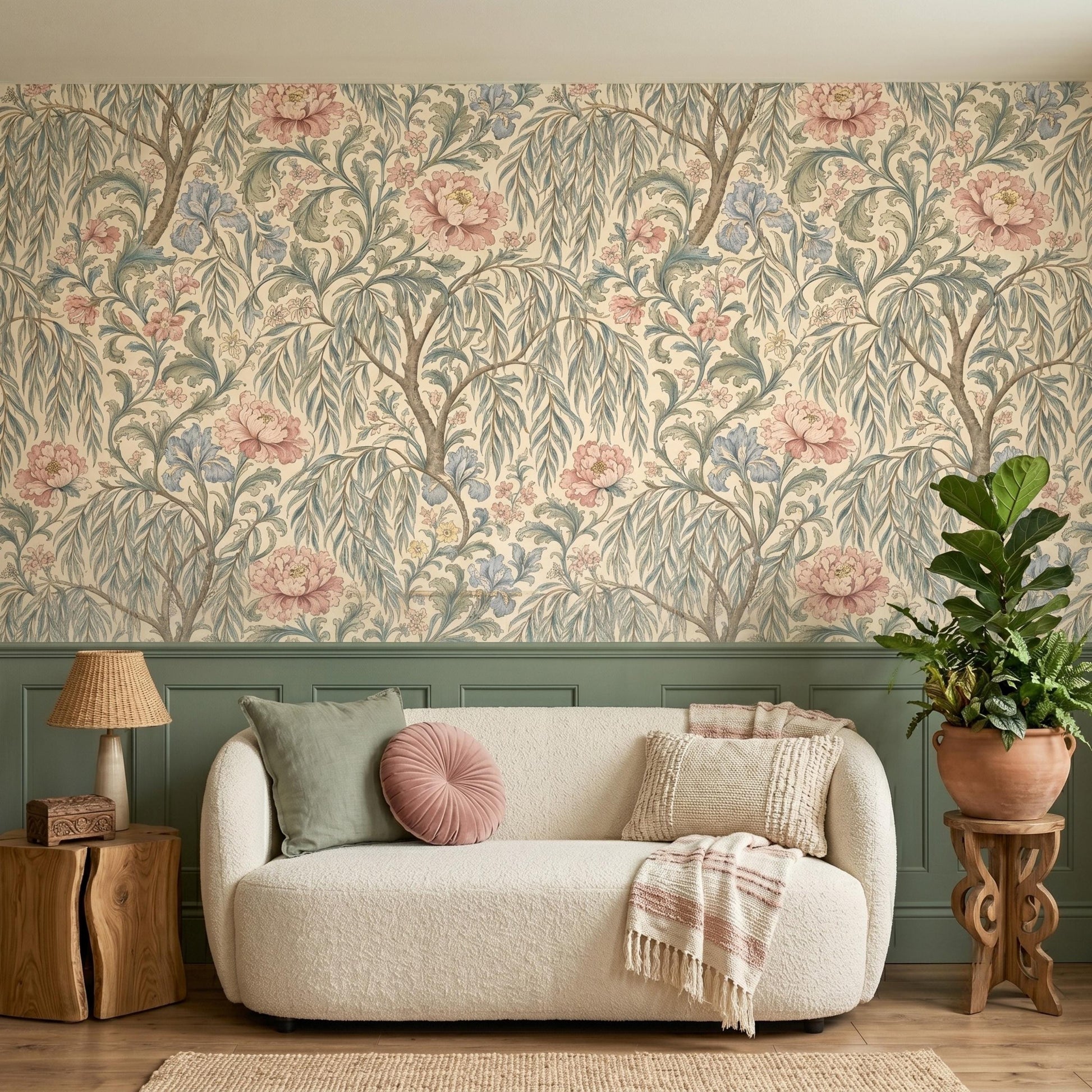 Vintage Floral Peel and Stick Wallpaper, Botanical William Morris Style Removable Wall Mural-WP0148