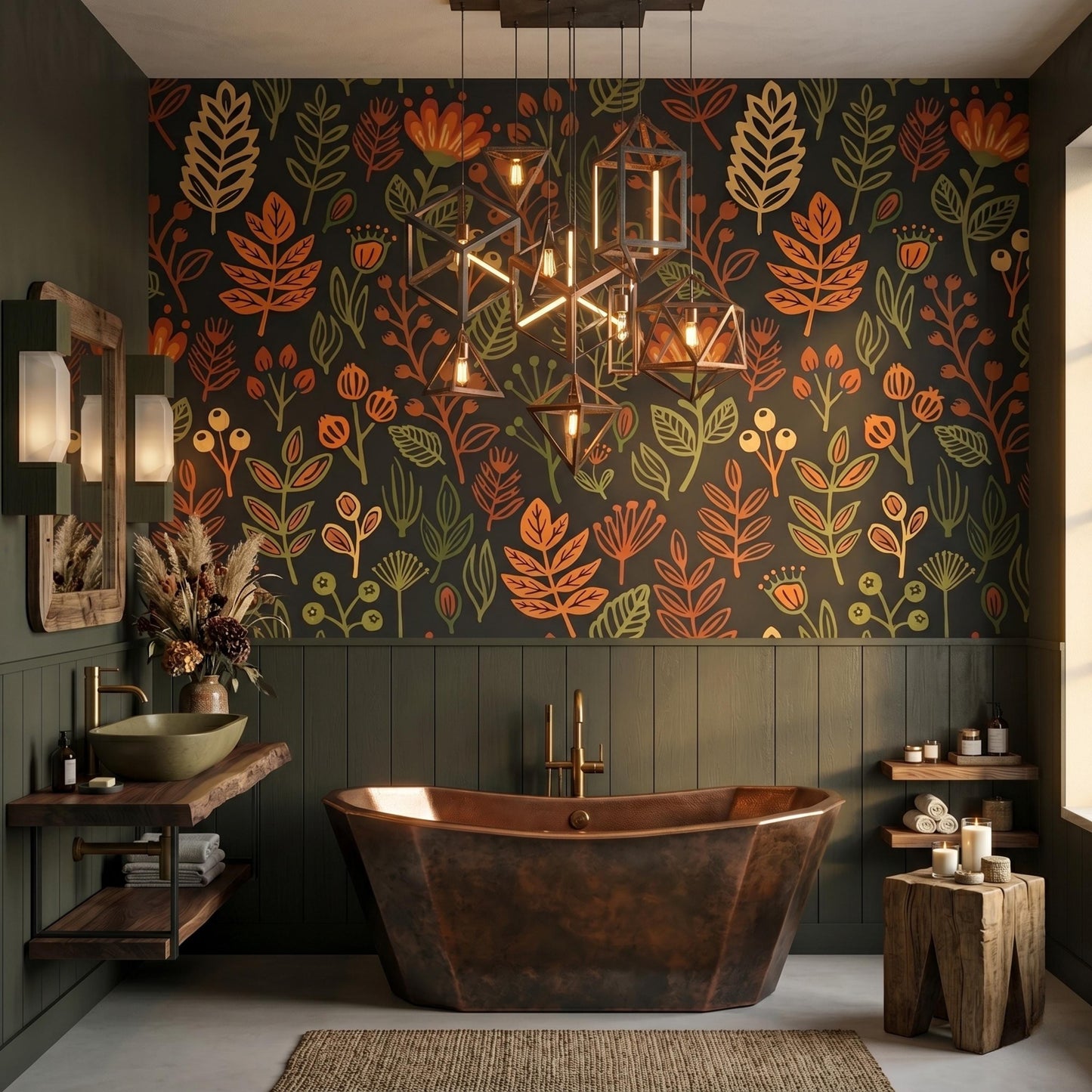 Dark Autumn Botanical Wallpaper, Retro Floral Peel and Stick Kitchen Backsplash-WP0149