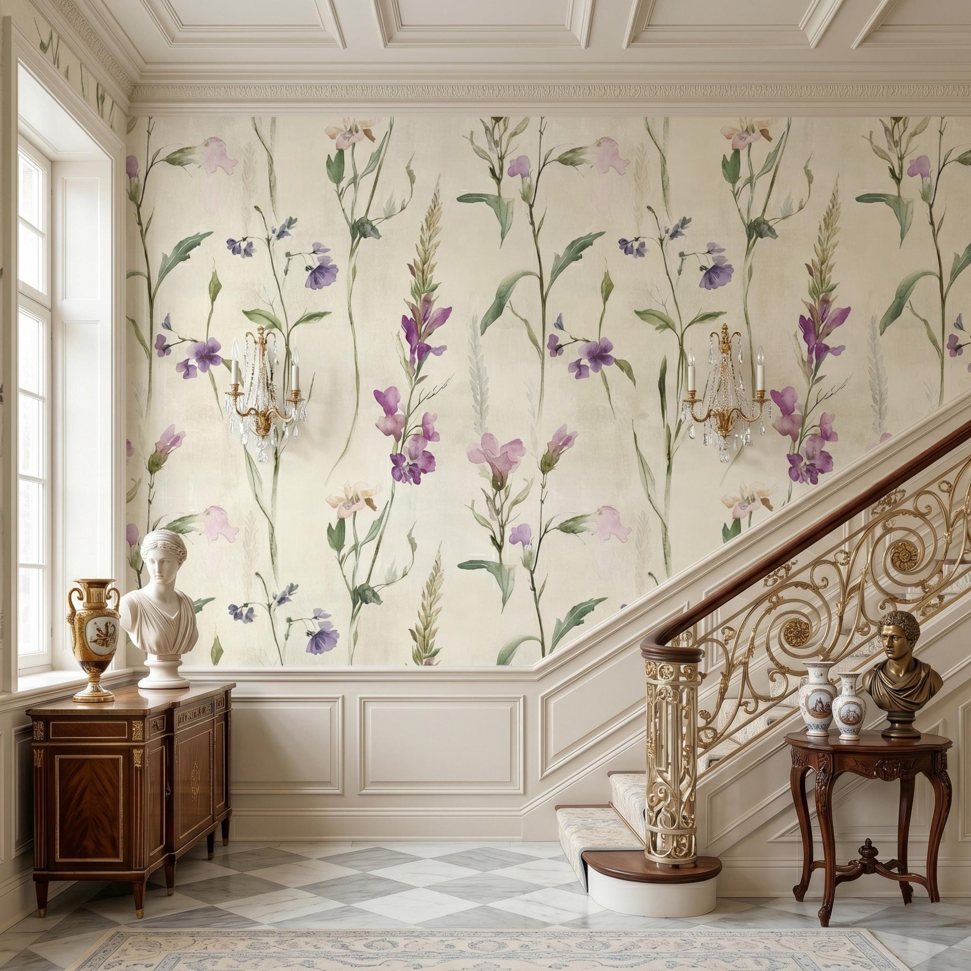 Watercolor Wildflower Peel and Stick Wallpaper, Purple Floral Wall Mural Removable-WP0150