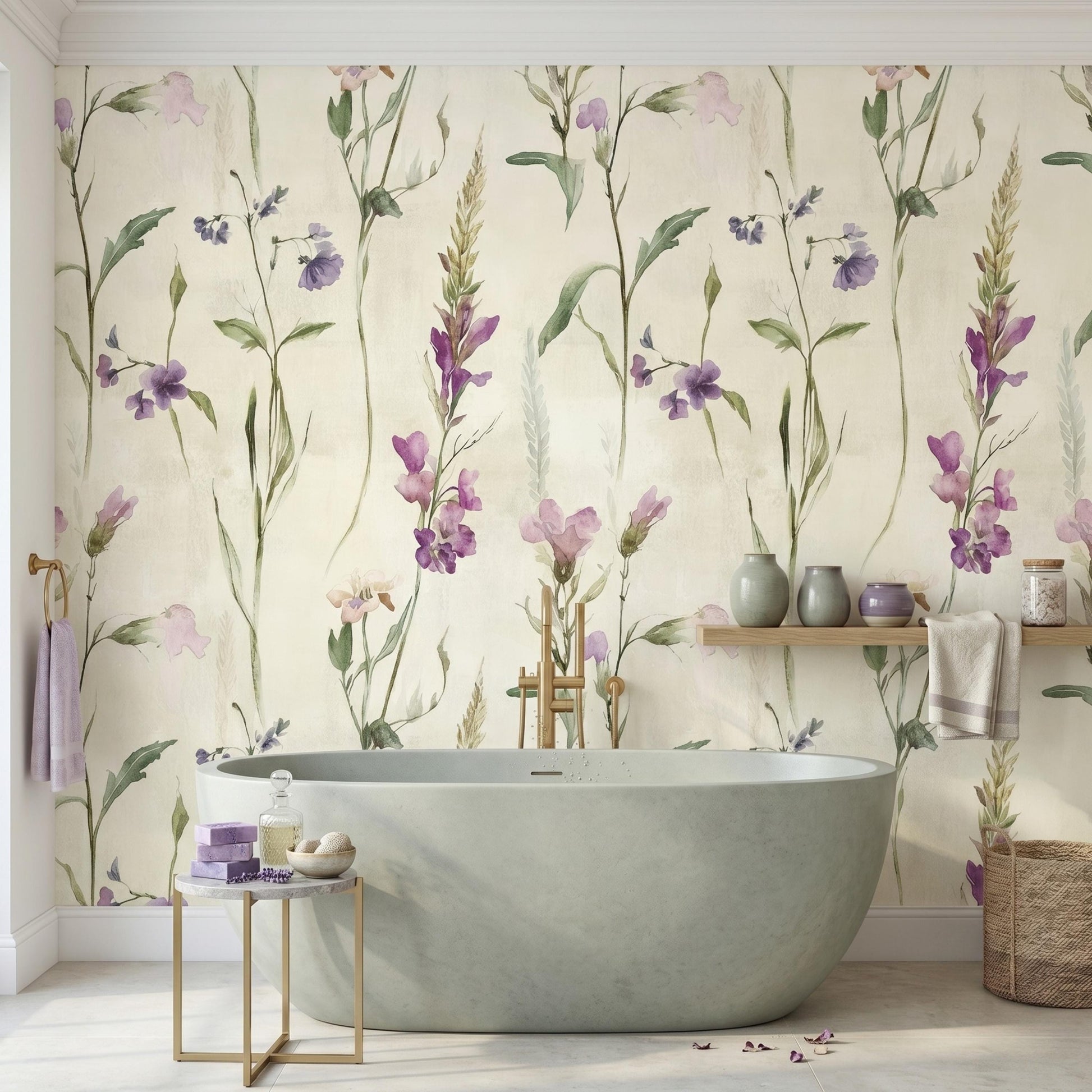 Watercolor Wildflower Peel and Stick Wallpaper, Purple Floral Wall Mural Removable-WP0150