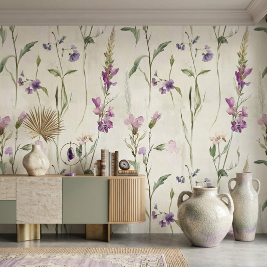 Watercolor Wildflower Peel and Stick Wallpaper, Purple Floral Wall Mural Removable-WP0150