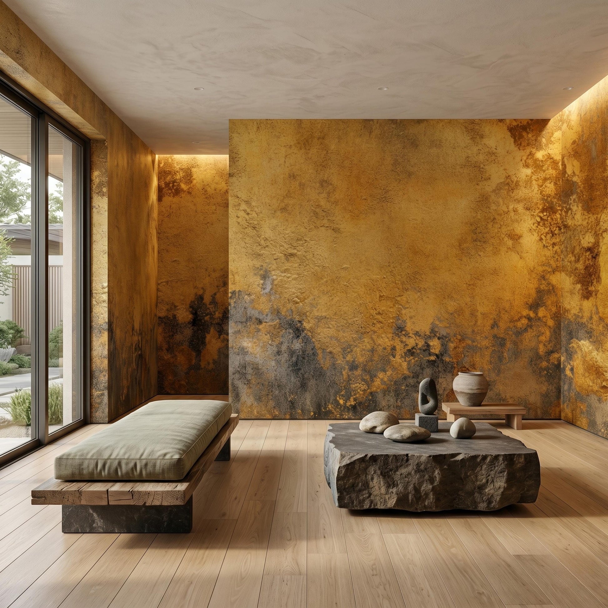 Abstract Gold Industrial Wallpaper, Peel and Stick Wabi Sabi Wall Mural, Luxury Metallic Grunge Decor, Modern Living Room Art-WP0151