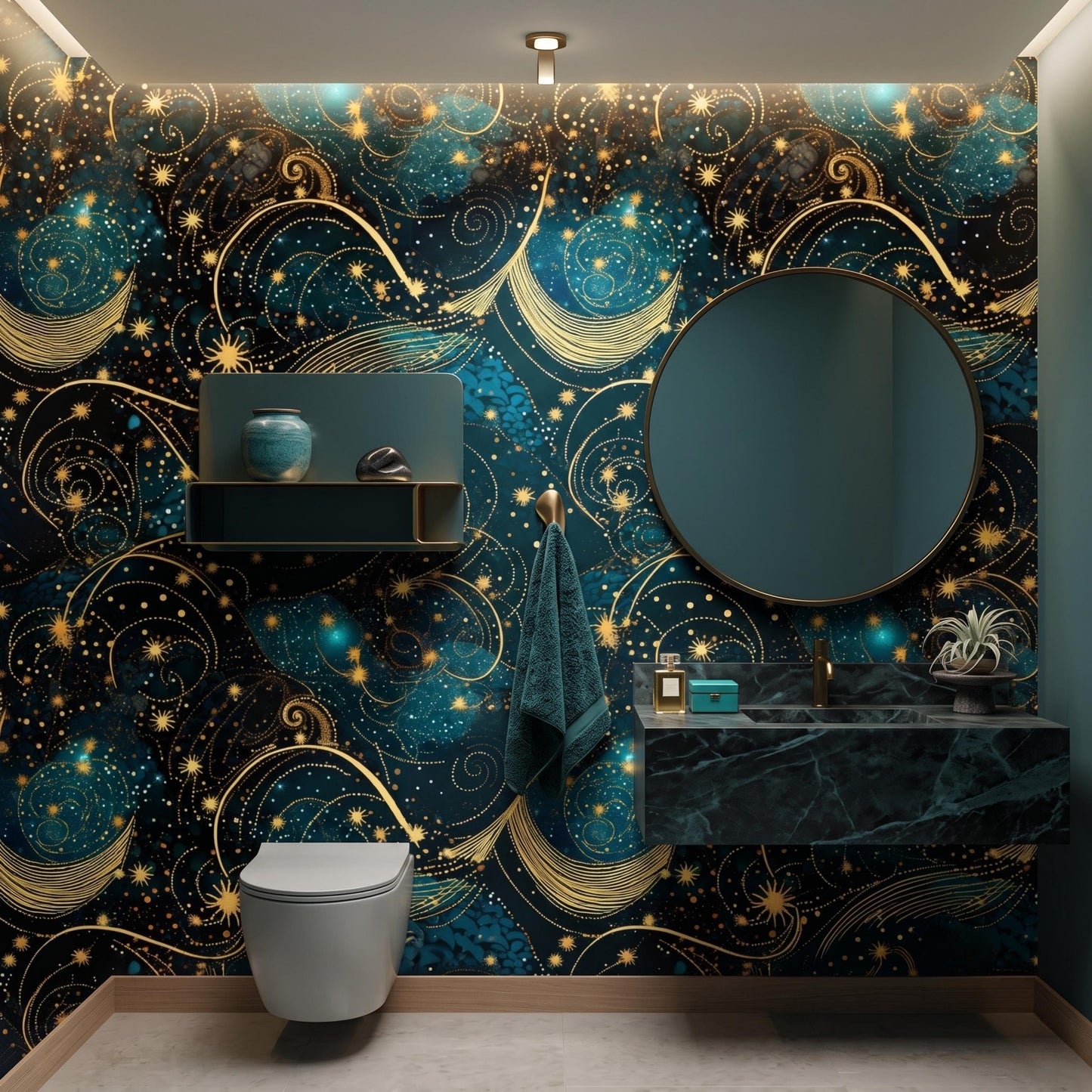 Dark Celestial Wallpaper, Gold Stars, Peel and Stick Galaxy Mural-WP0162