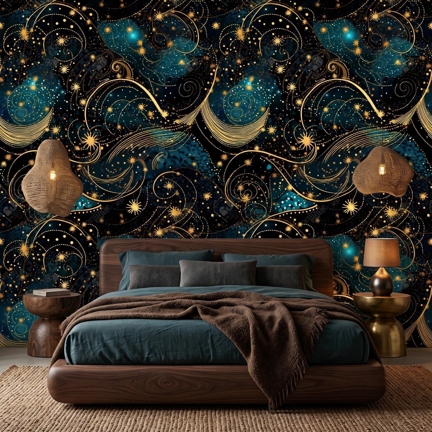 Dark Celestial Wallpaper, Gold Stars, Peel and Stick Galaxy Mural-WP0162