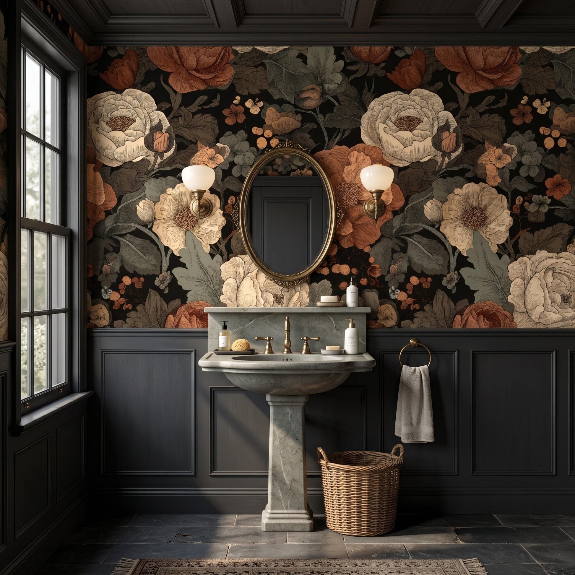 Dark Floral Peony Wallpaper: Vintage Moody Botanical Peel and Stick Mural-WP0163