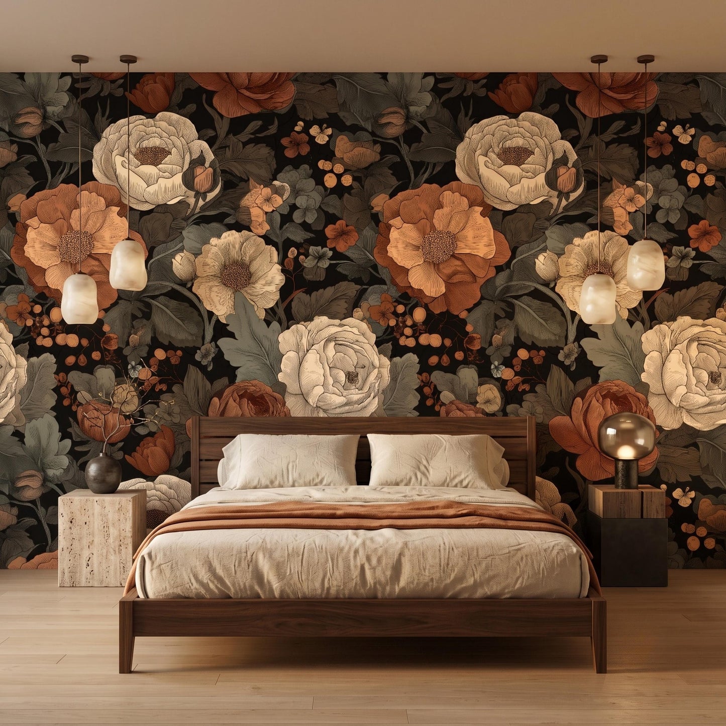 Dark Floral Peony Wallpaper: Vintage Moody Botanical Peel and Stick Mural-WP0163