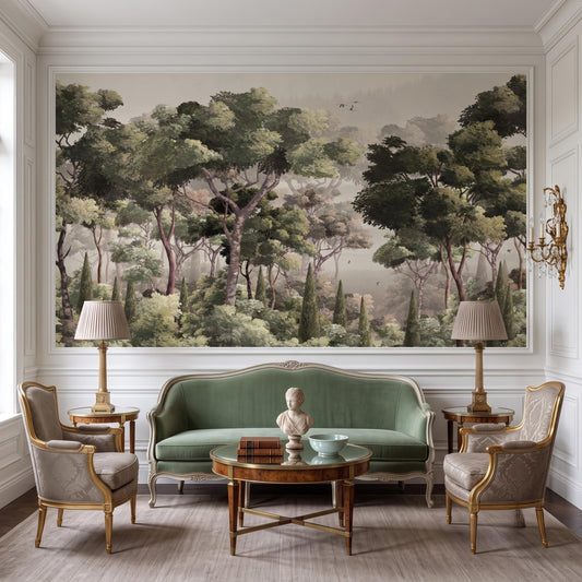 Vintage Forest Landscape Mural Wallpaper, Classical Nature Wall Decor, Sage Green Woodland Accent Wall Art -WP0164