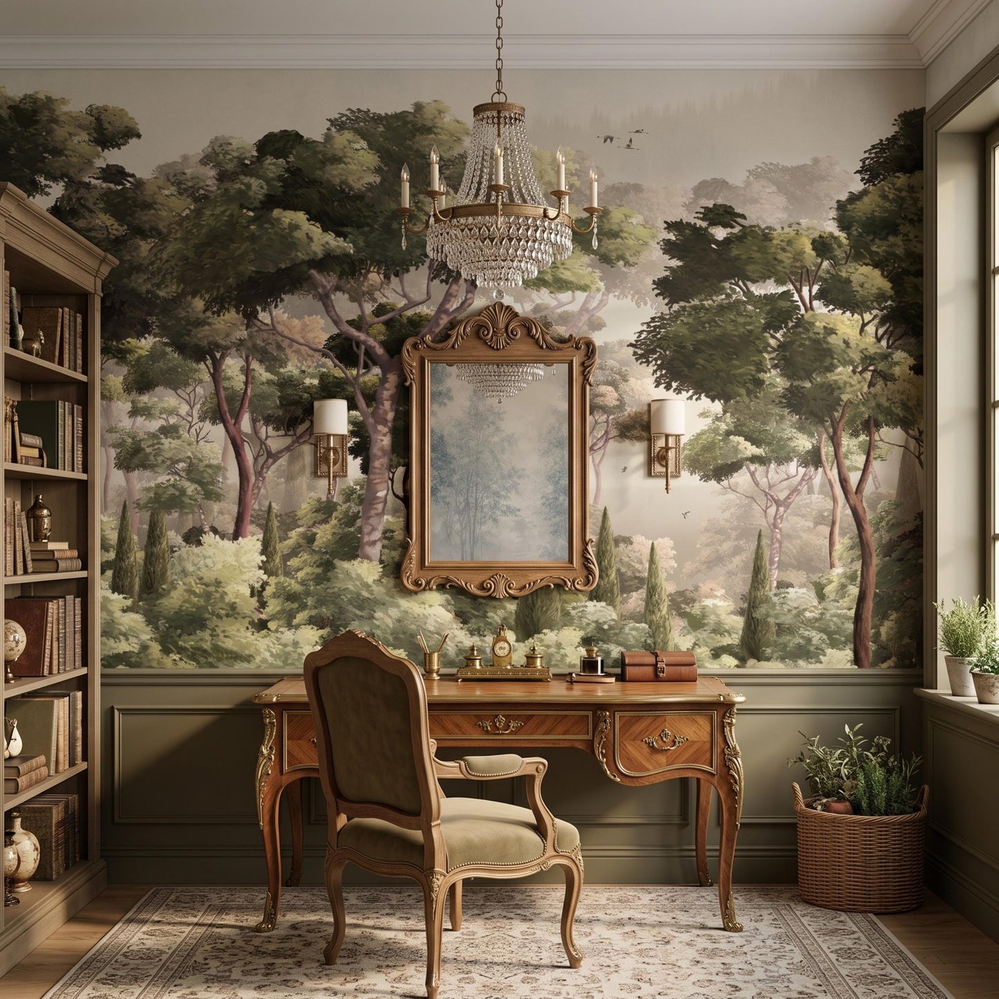 Vintage Forest Landscape Mural Wallpaper, Classical Nature Wall Decor, Sage Green Woodland Accent Wall Art -WP0164