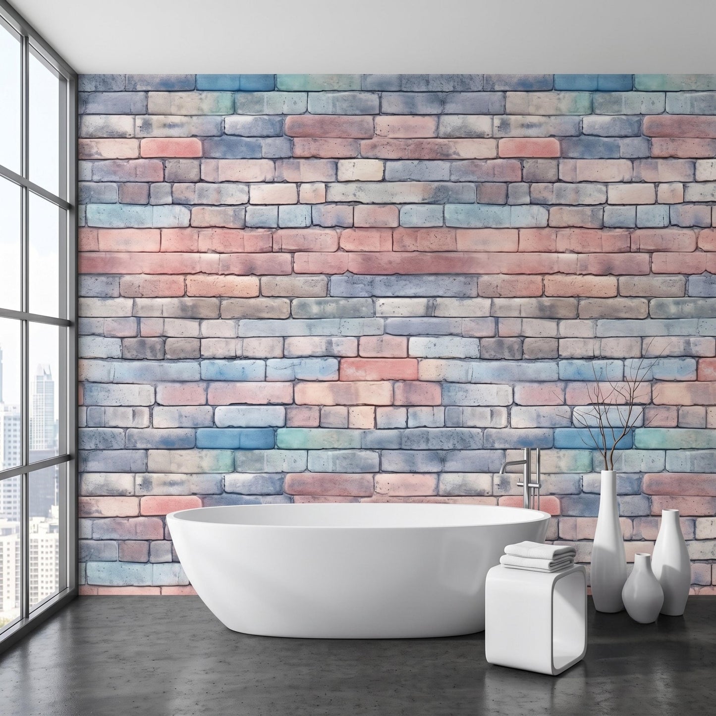 Pastel Watercolor Brick Wallpaper Mural, Soft Faux Brick Wall Decal, Minimalist Home Decor-WP0165