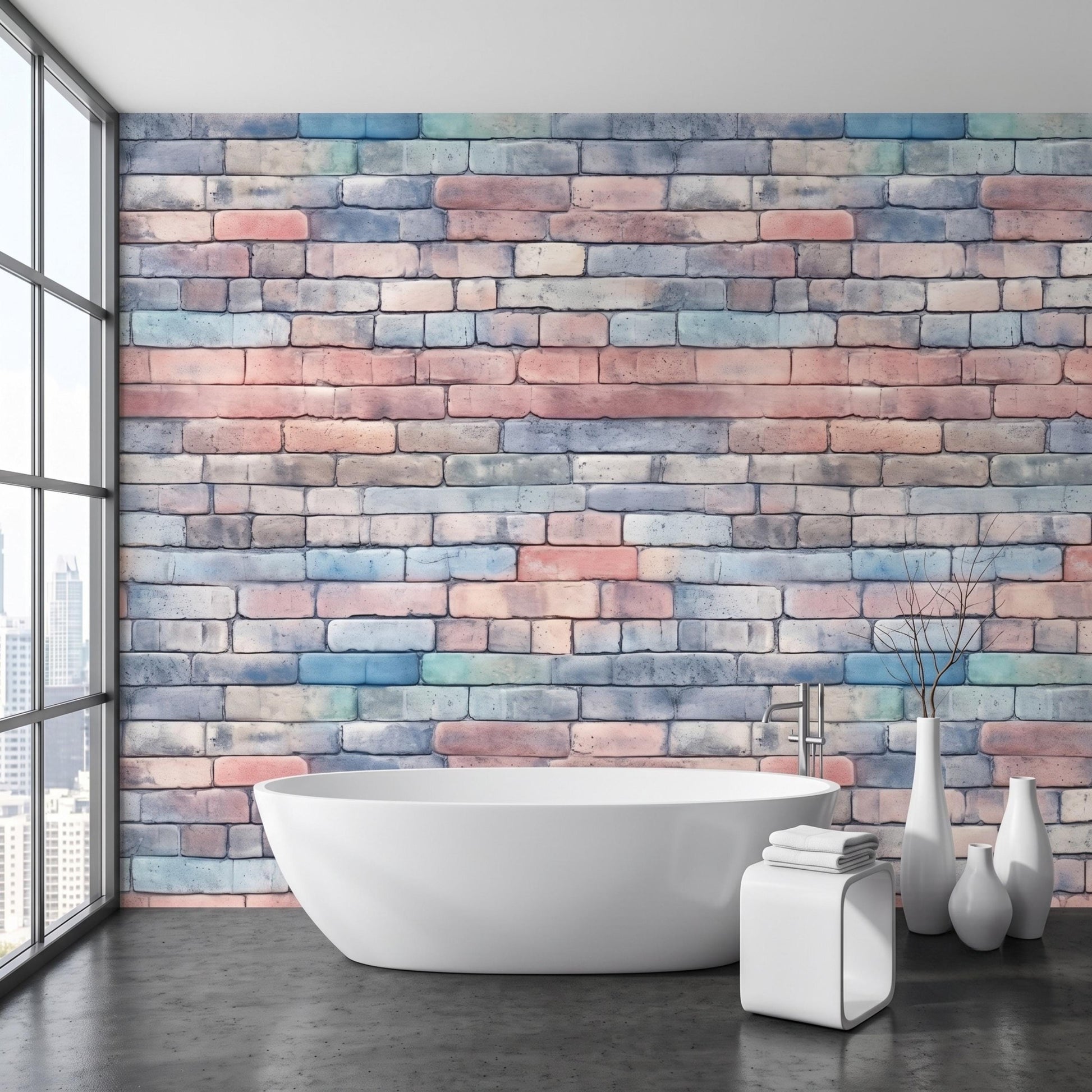 Pastel Watercolor Brick Wallpaper Mural, Soft Faux Brick Wall Decal, Minimalist Home Decor-WP0165