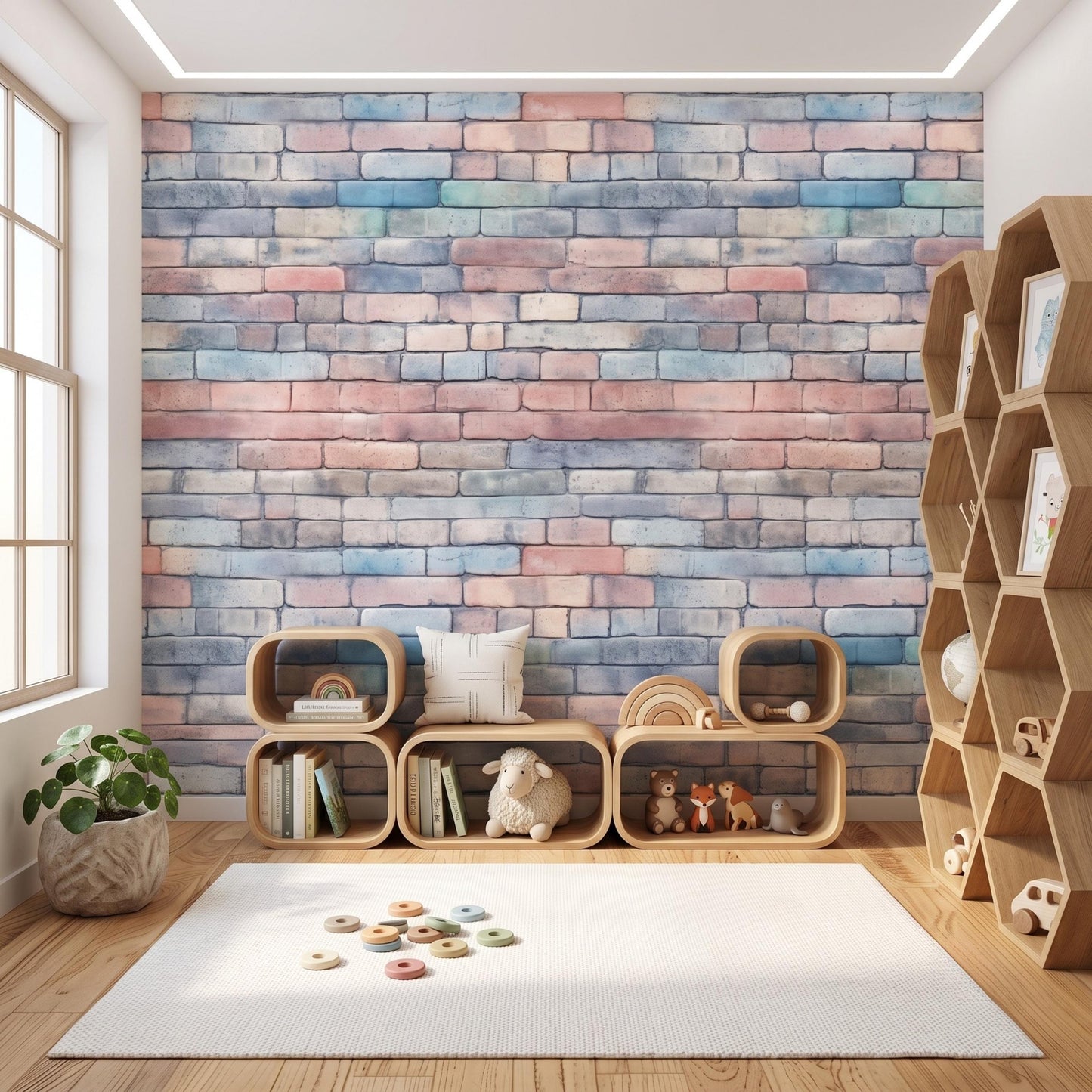 Pastel Watercolor Brick Wallpaper Mural, Soft Faux Brick Wall Decal, Minimalist Home Decor-WP0165