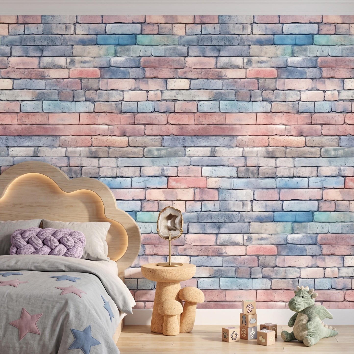 Pastel Watercolor Brick Wallpaper Mural, Soft Faux Brick Wall Decal, Minimalist Home Decor-WP0165