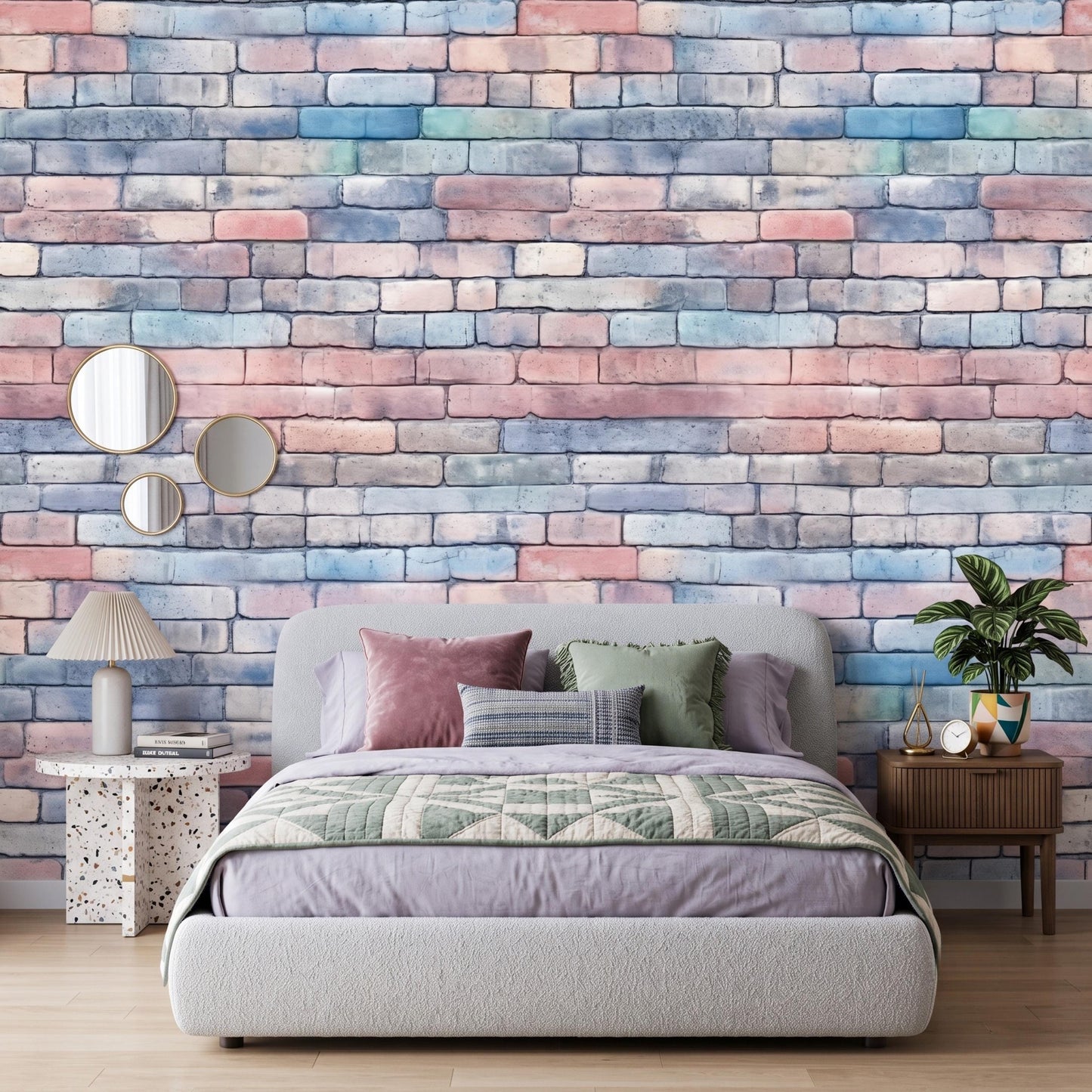 Pastel Watercolor Brick Wallpaper Mural, Soft Faux Brick Wall Decal, Minimalist Home Decor-WP0165