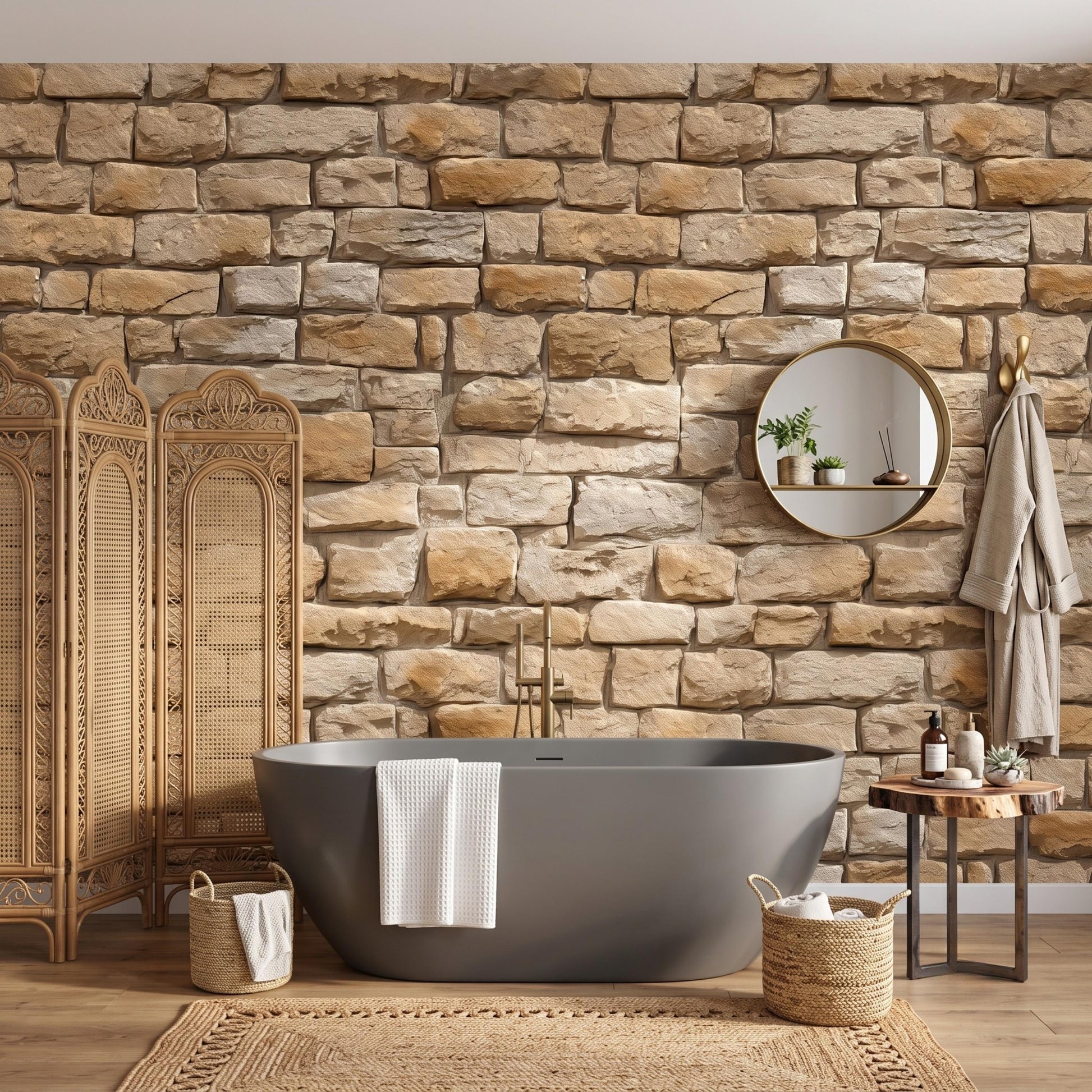 Rustic Stone Texture Faux Brick Wallpaper, Peel and Stick Accent Wall, Farmhouse Home Decor-WP0167