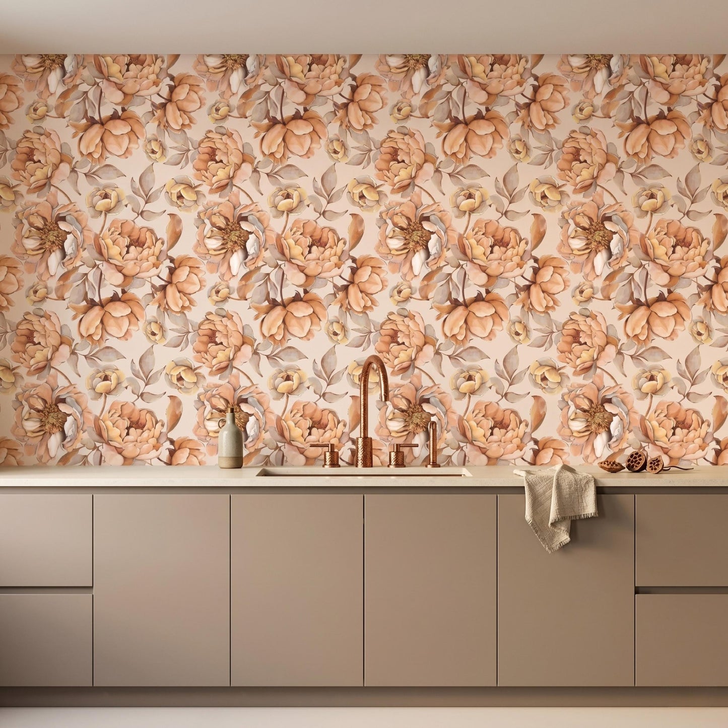 Vintage Floral Peel and Stick Wallpaper, Muted Terracotta Peony Wall Mural, Boho Cottagecore Home Decor-WP0157
