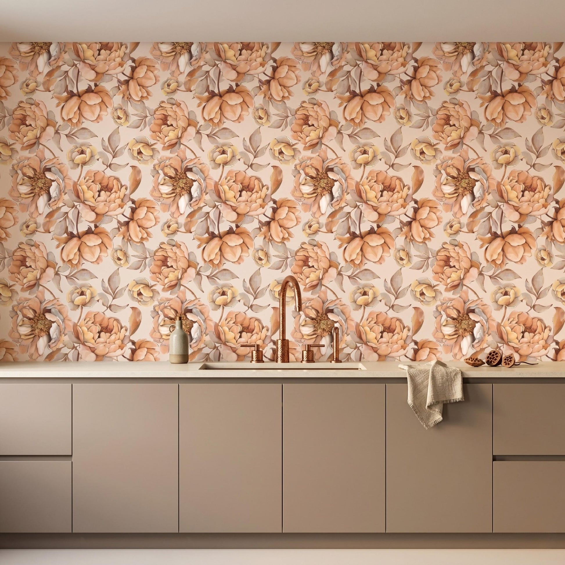Vintage Floral Peel and Stick Wallpaper, Muted Terracotta Peony Wall Mural, Boho Cottagecore Home Decor-WP0157