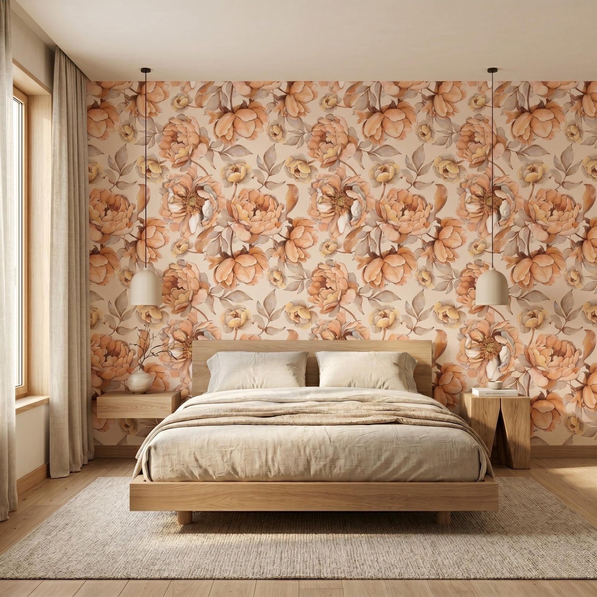 Vintage Floral Peel and Stick Wallpaper, Muted Terracotta Peony Wall Mural, Boho Cottagecore Home Decor-WP0157