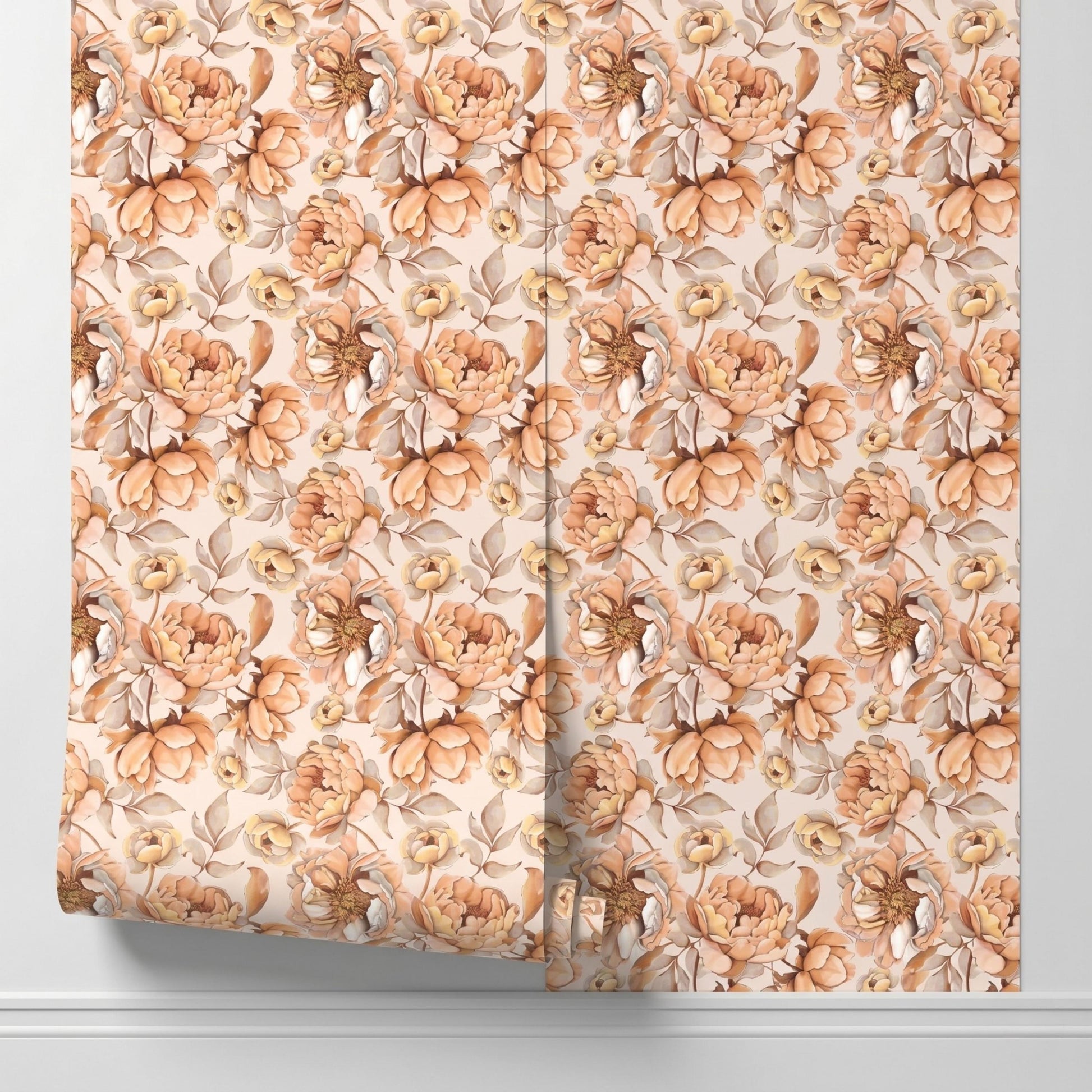Vintage Floral Peel and Stick Wallpaper, Muted Terracotta Peony Wall Mural, Boho Cottagecore Home Decor-WP0157