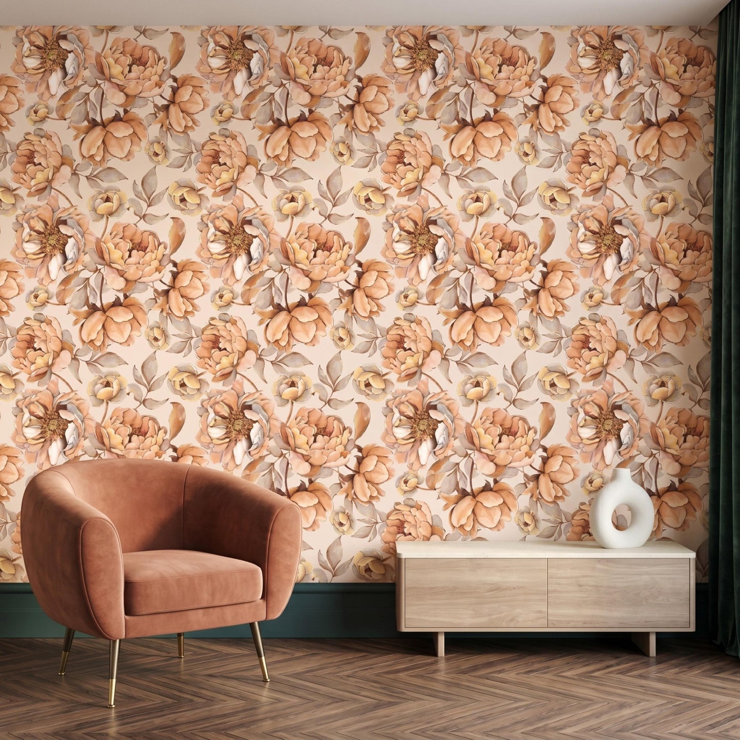 Vintage Floral Peel and Stick Wallpaper, Muted Terracotta Peony Wall Mural, Boho Cottagecore Home Decor-WP0157