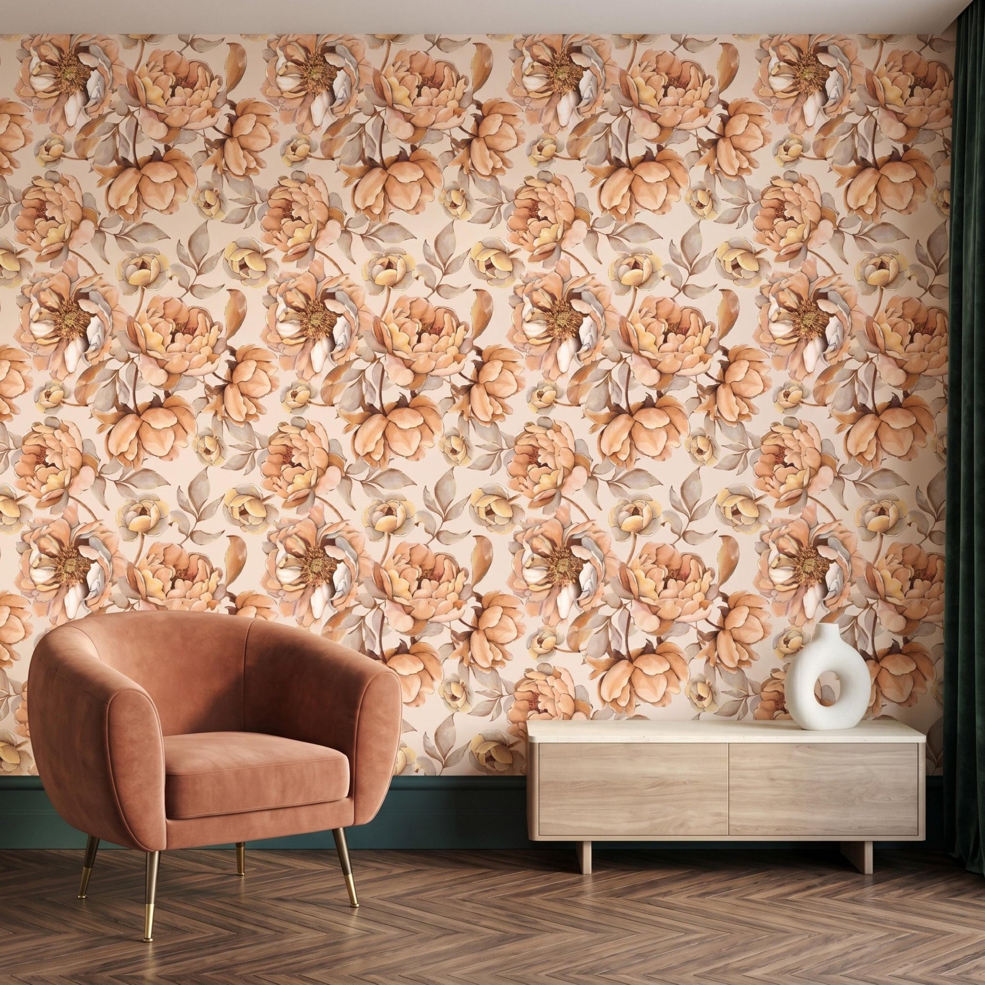 Vintage Floral Peel and Stick Wallpaper, Muted Terracotta Peony Wall Mural, Boho Cottagecore Home Decor-WP0157