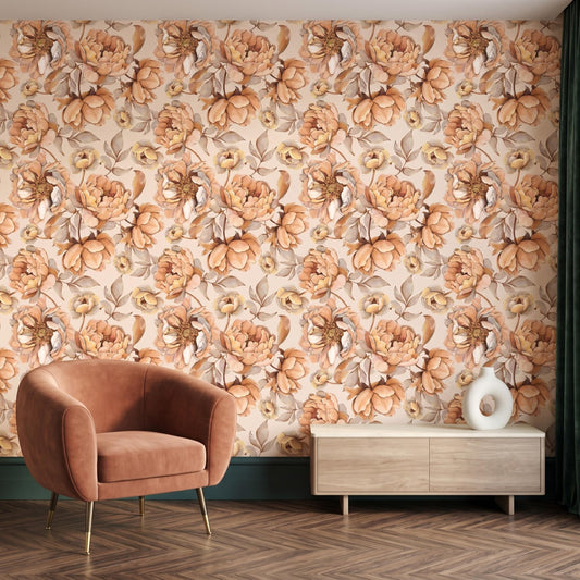 Vintage Floral Peel and Stick Wallpaper, Muted Terracotta Peony Wall Mural, Boho Cottagecore Home Decor-WP0157