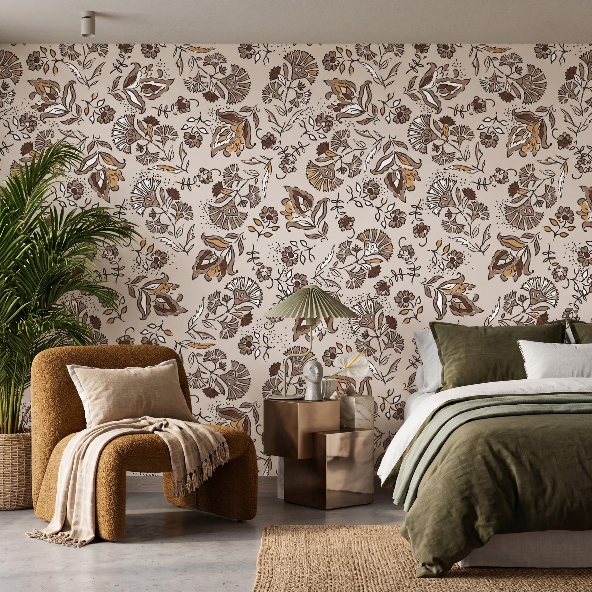 Vintage Floral Brown Botanical Wallpaper, Boho Wall Decal, Earthy Nursery Decor, Retro Flower Accent Wall, Rustic Bedroom Mural-WP0088