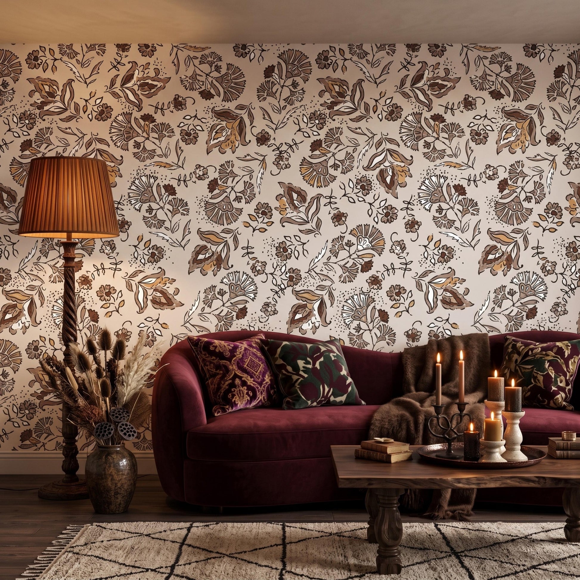 Vintage Floral Brown Botanical Wallpaper, Boho Wall Decal, Earthy Nursery Decor, Retro Flower Accent Wall, Rustic Bedroom Mural-WP0088