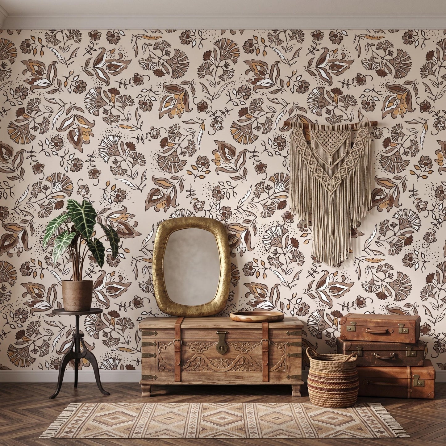 Vintage Floral Brown Botanical Wallpaper, Boho Wall Decal, Earthy Nursery Decor, Retro Flower Accent Wall, Rustic Bedroom Mural-WP0088