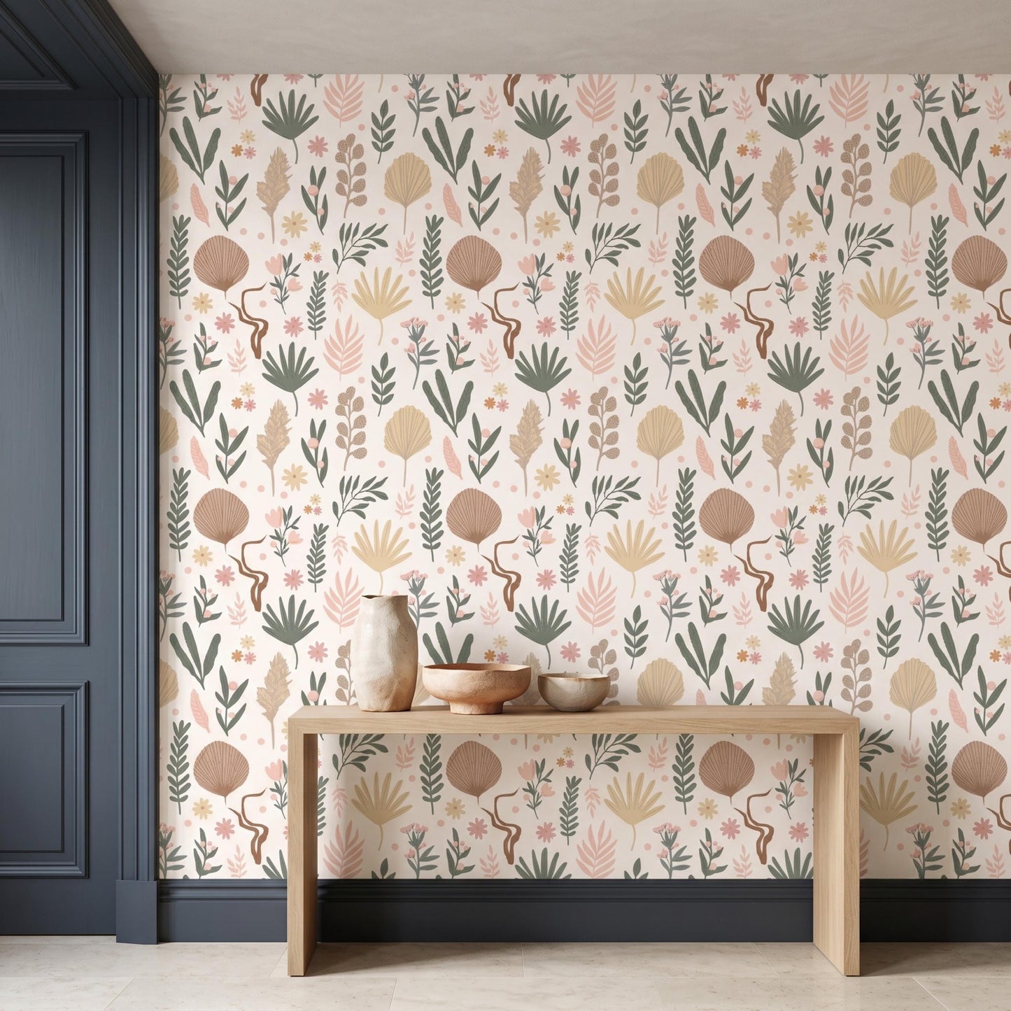 Boho Botanical Earthy Leaf Wallpaper, Neutral Nursery Decor, Modern Abstract Floral Wall Decal, Minimalist Nature Inspired Home-WP0066