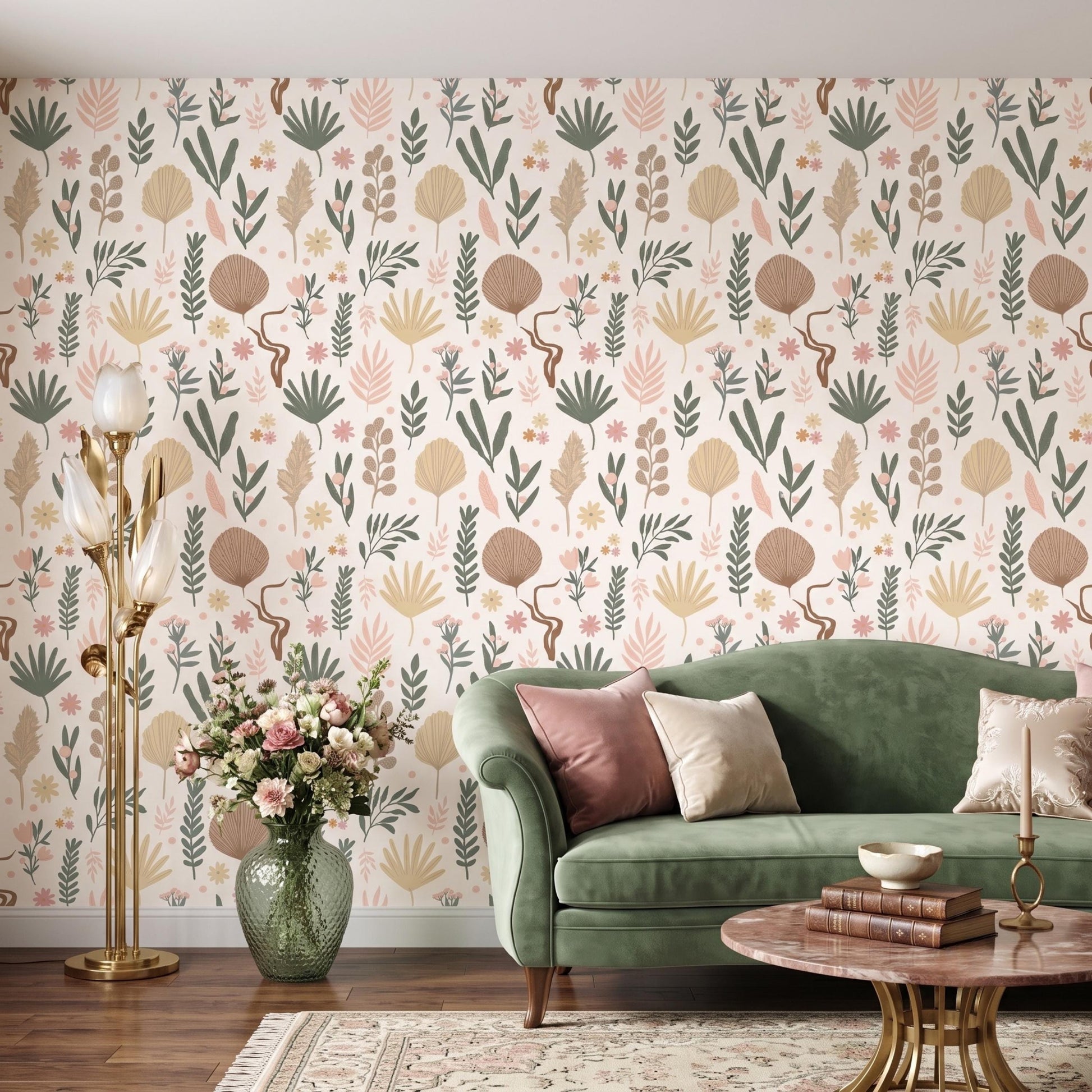 Boho Botanical Earthy Leaf Wallpaper, Neutral Nursery Decor, Modern Abstract Floral Wall Decal, Minimalist Nature Inspired Home-WP0066