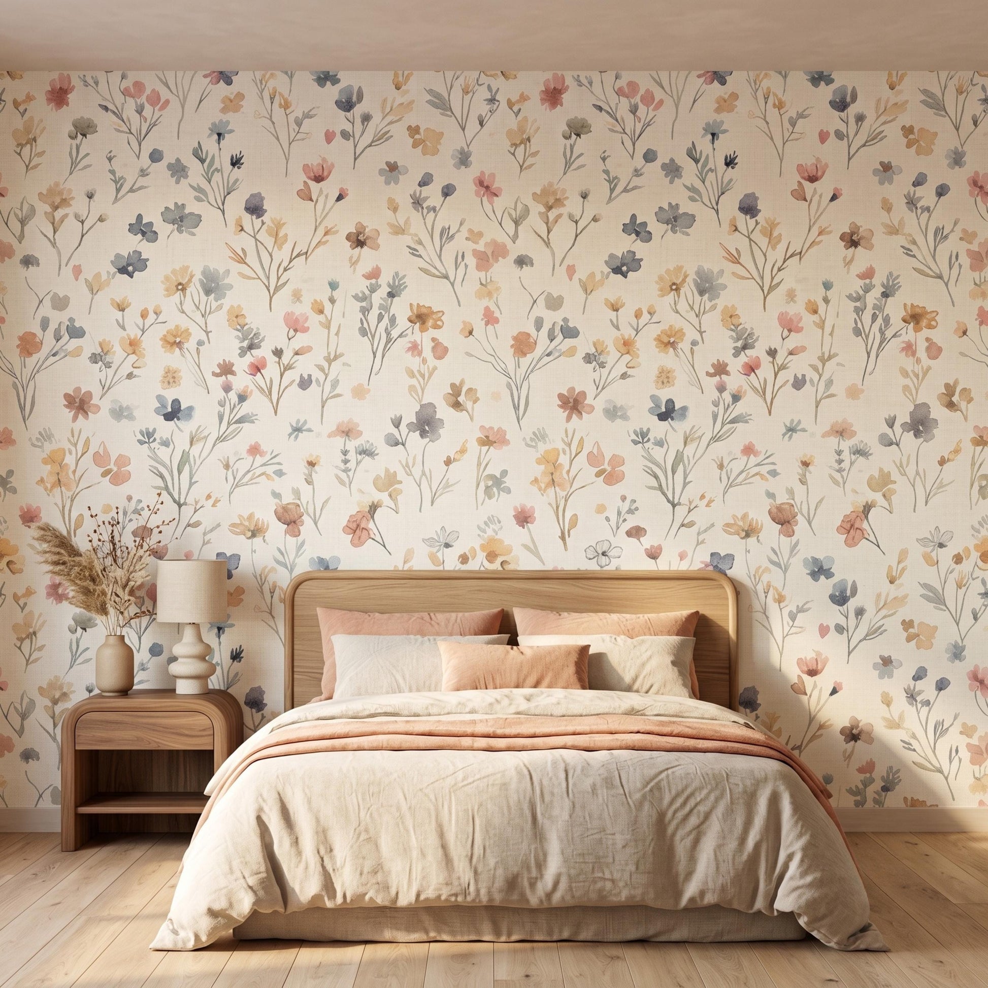 Watercolor Wildflower Floral Wallpaper, Nursery Wall Decor, Boho Meadow Wall Mural, Muted Pastel Flower Decal, Cottagecore Room Decor-WP0097